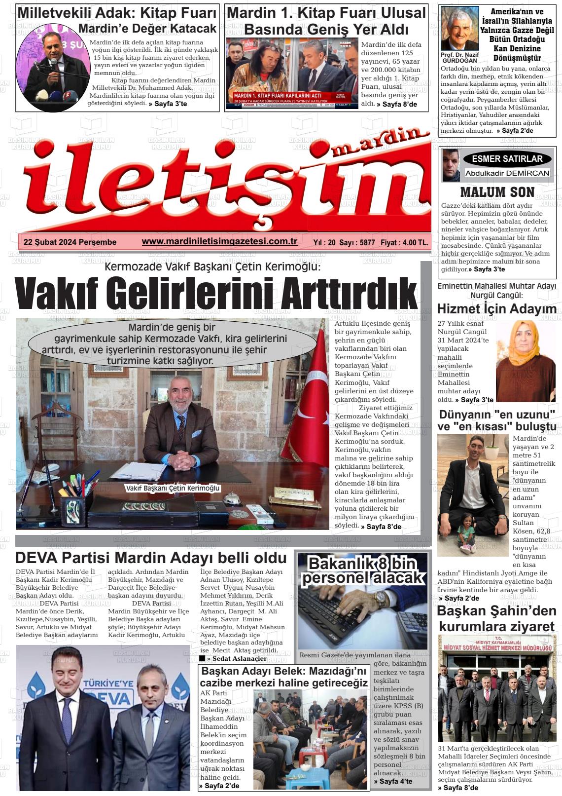 22 Şubat 2024 Mardin İletişim Gazete Manşeti