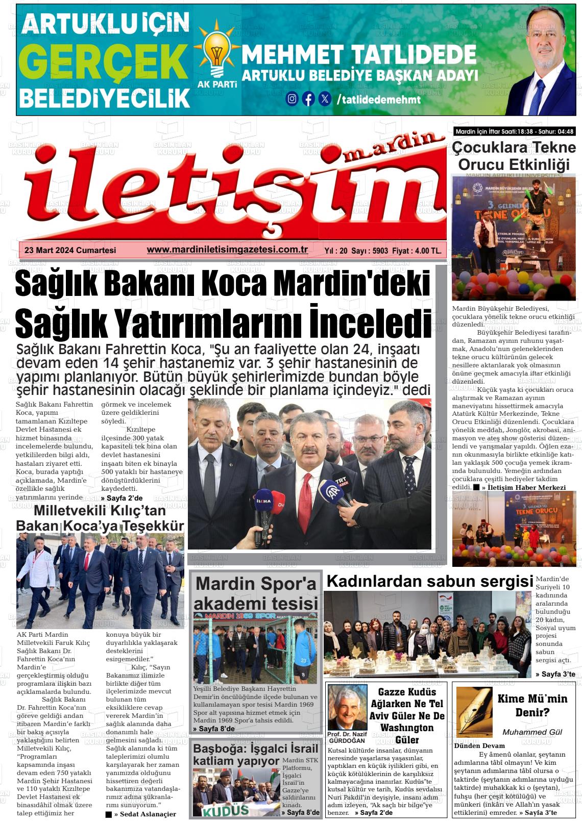 23 Mart 2024 Mardin İletişim Gazete Manşeti