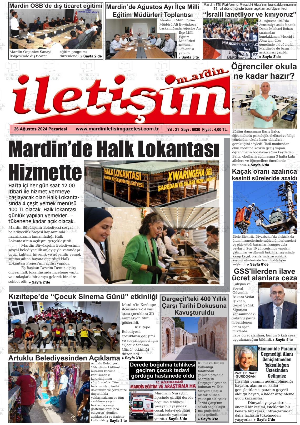 26 Ağustos 2024 Mardin İletişim Gazete Manşeti