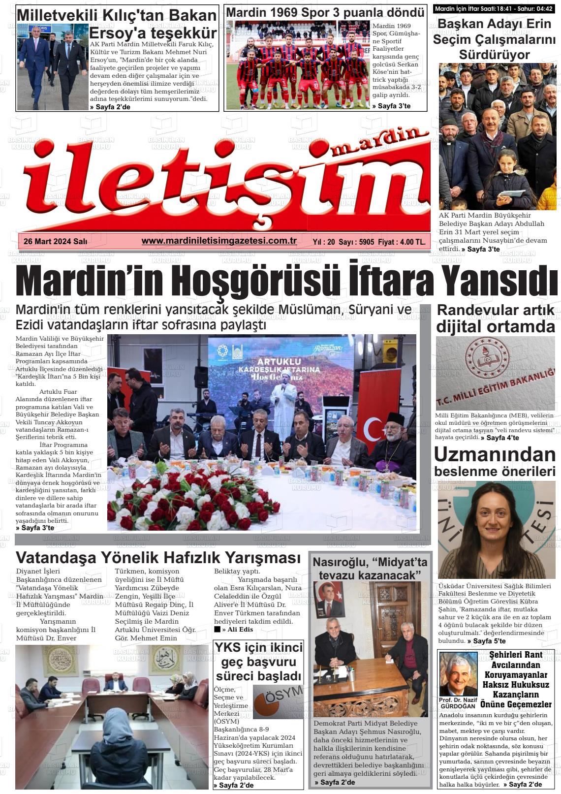 26 Mart 2024 Mardin İletişim Gazete Manşeti