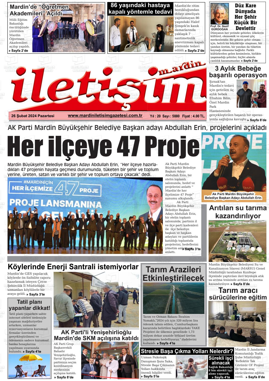 26 Şubat 2024 Mardin İletişim Gazete Manşeti