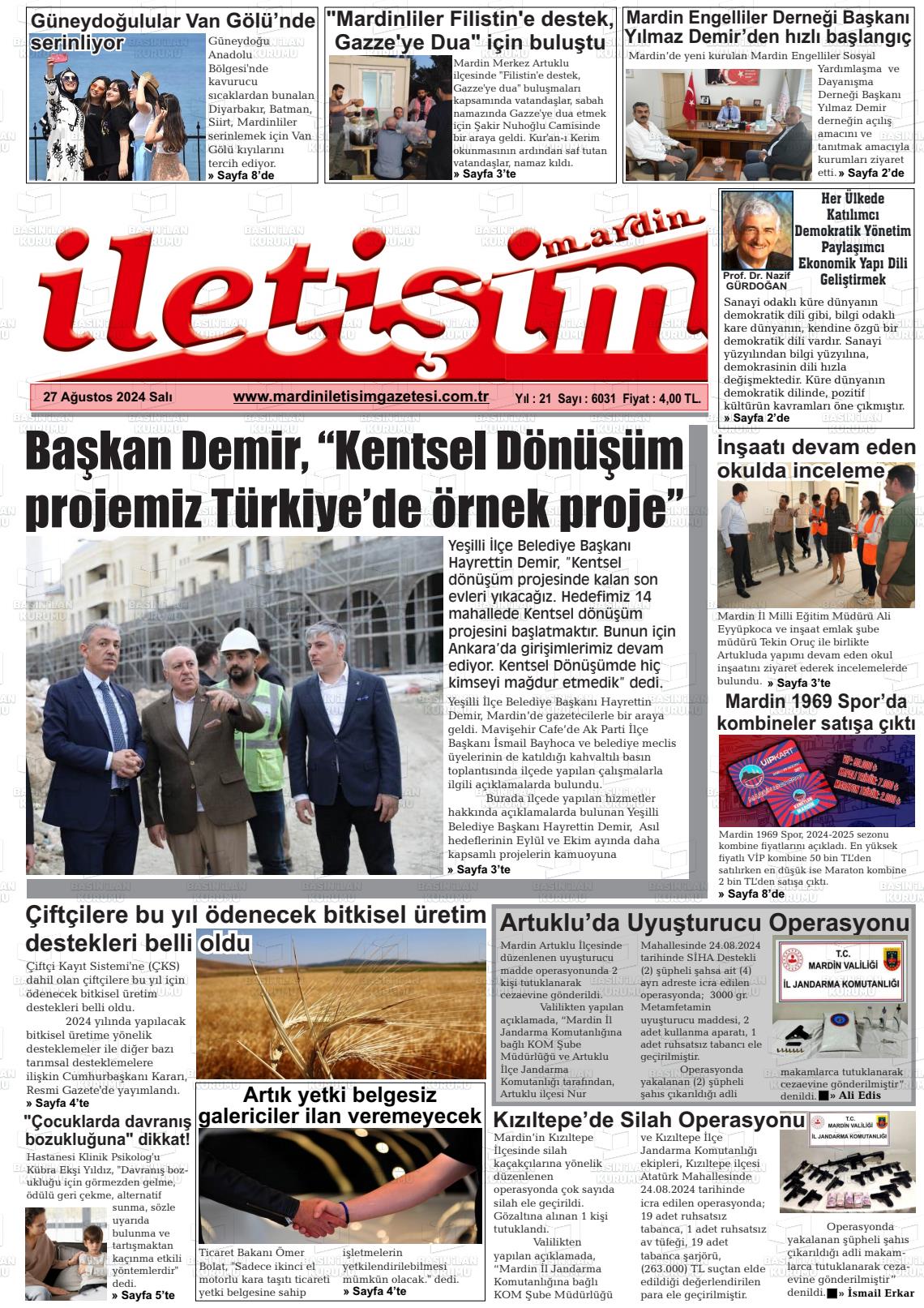 27 Ağustos 2024 Mardin İletişim Gazete Manşeti