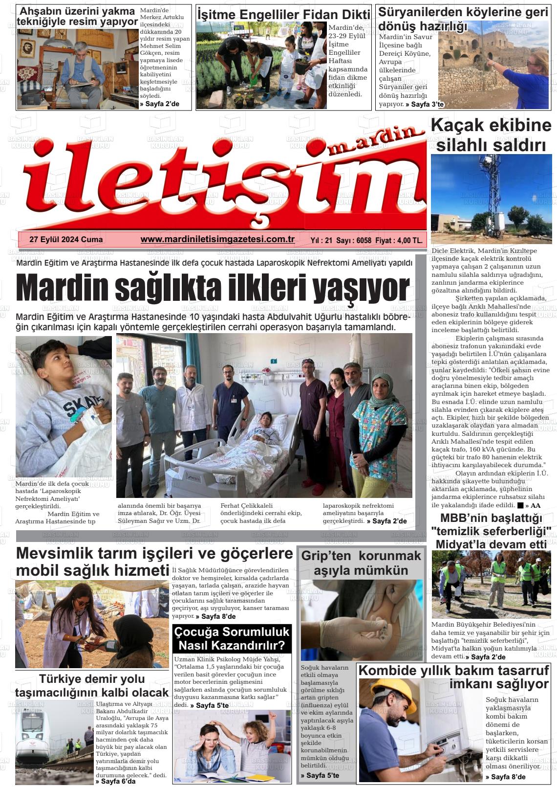 27 Eylül 2024 Mardin İletişim Gazete Manşeti