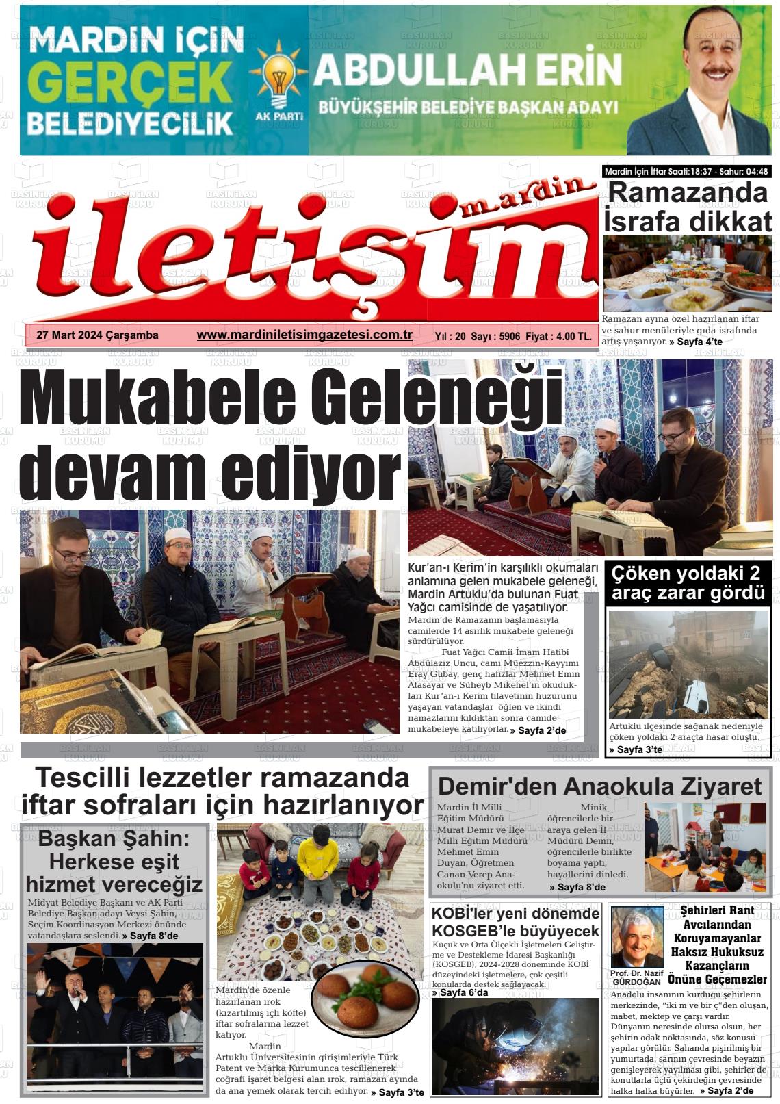 27 Mart 2024 Mardin İletişim Gazete Manşeti