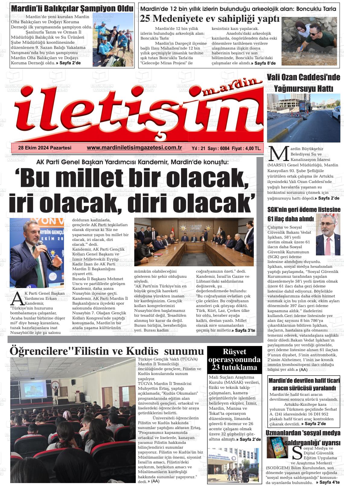 28 Ekim 2024 Mardin İletişim Gazete Manşeti