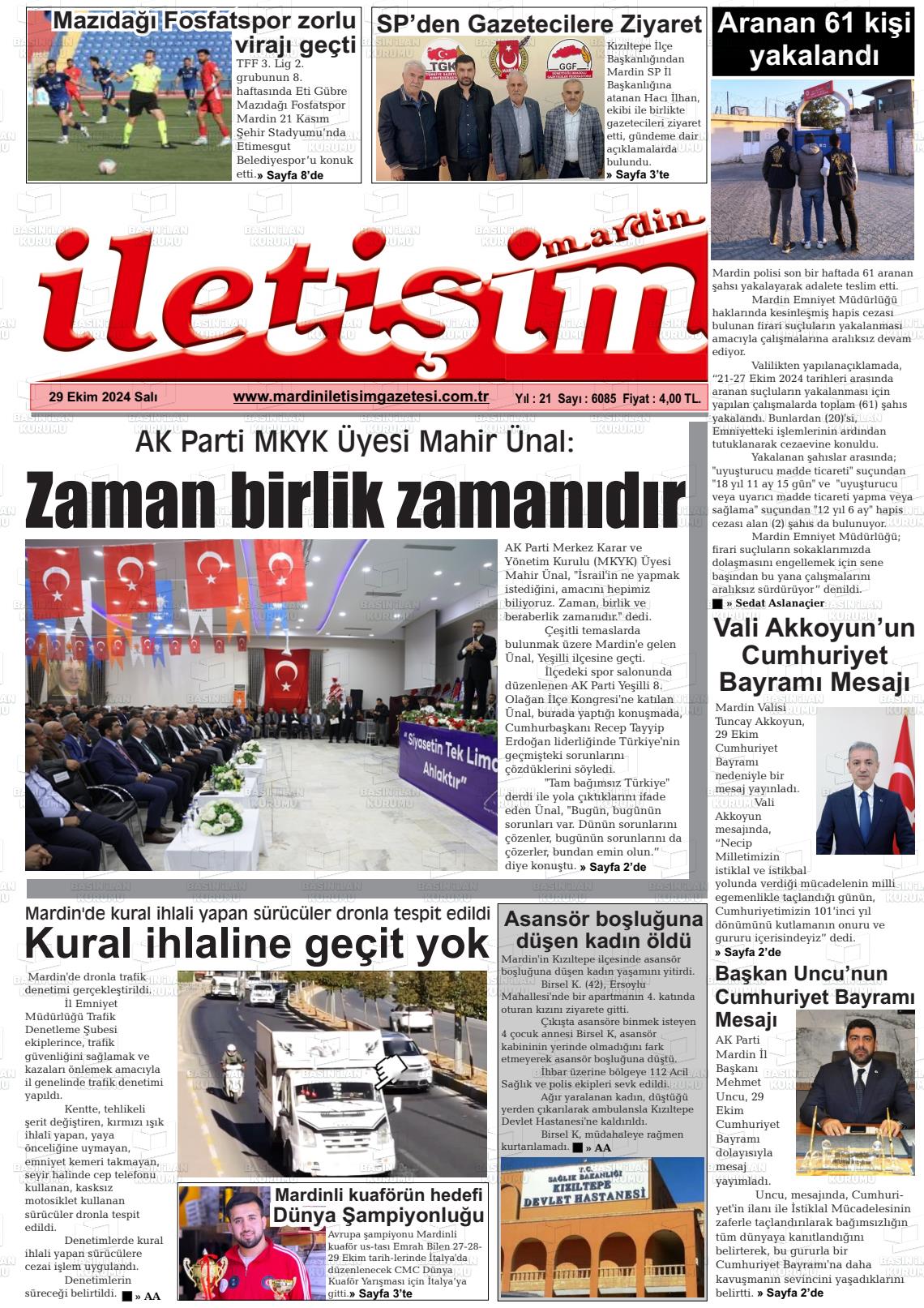 29 Ekim 2024 Mardin İletişim Gazete Manşeti