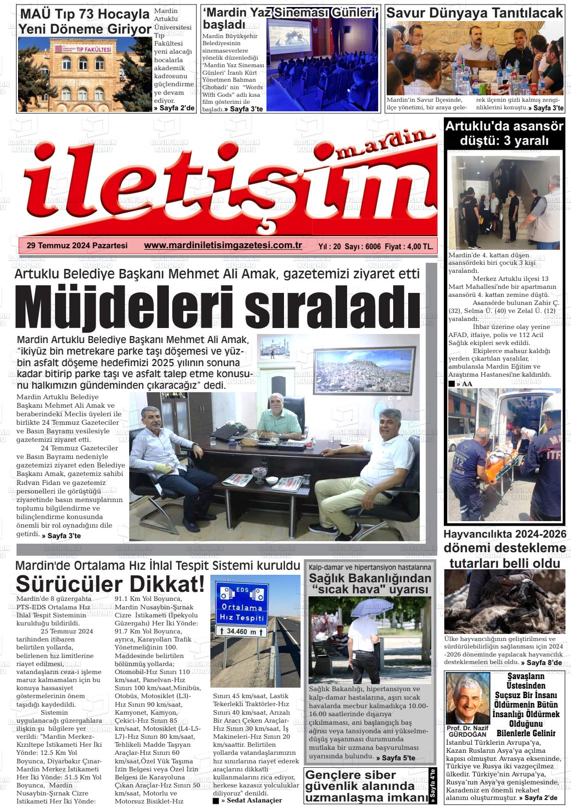 29 Temmuz 2024 Mardin İletişim Gazete Manşeti