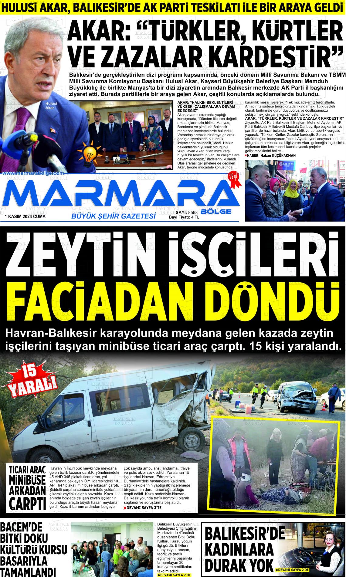 01 Kasım 2024 Marmara Bölge Gazete Manşeti