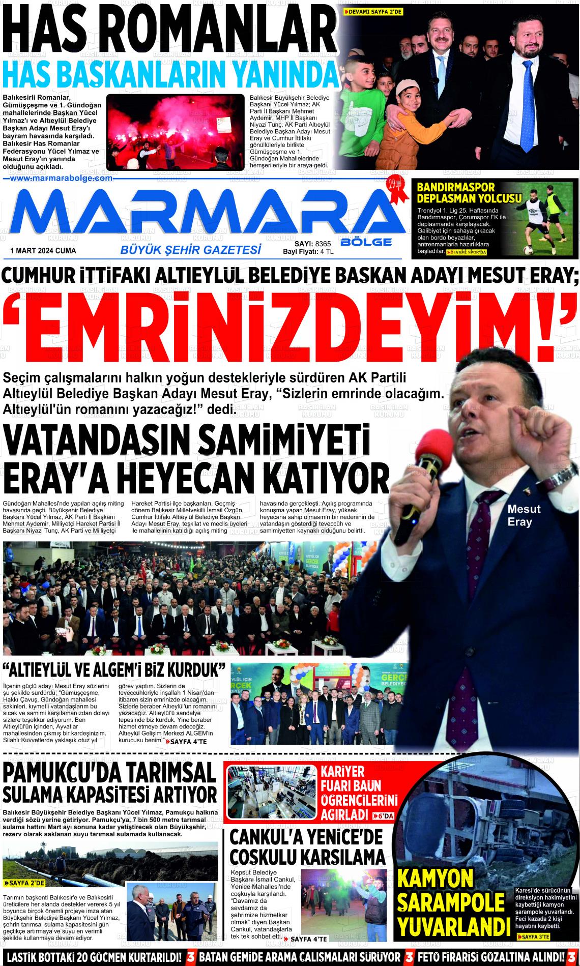 01 Mart 2024 Marmara Bölge Gazete Manşeti