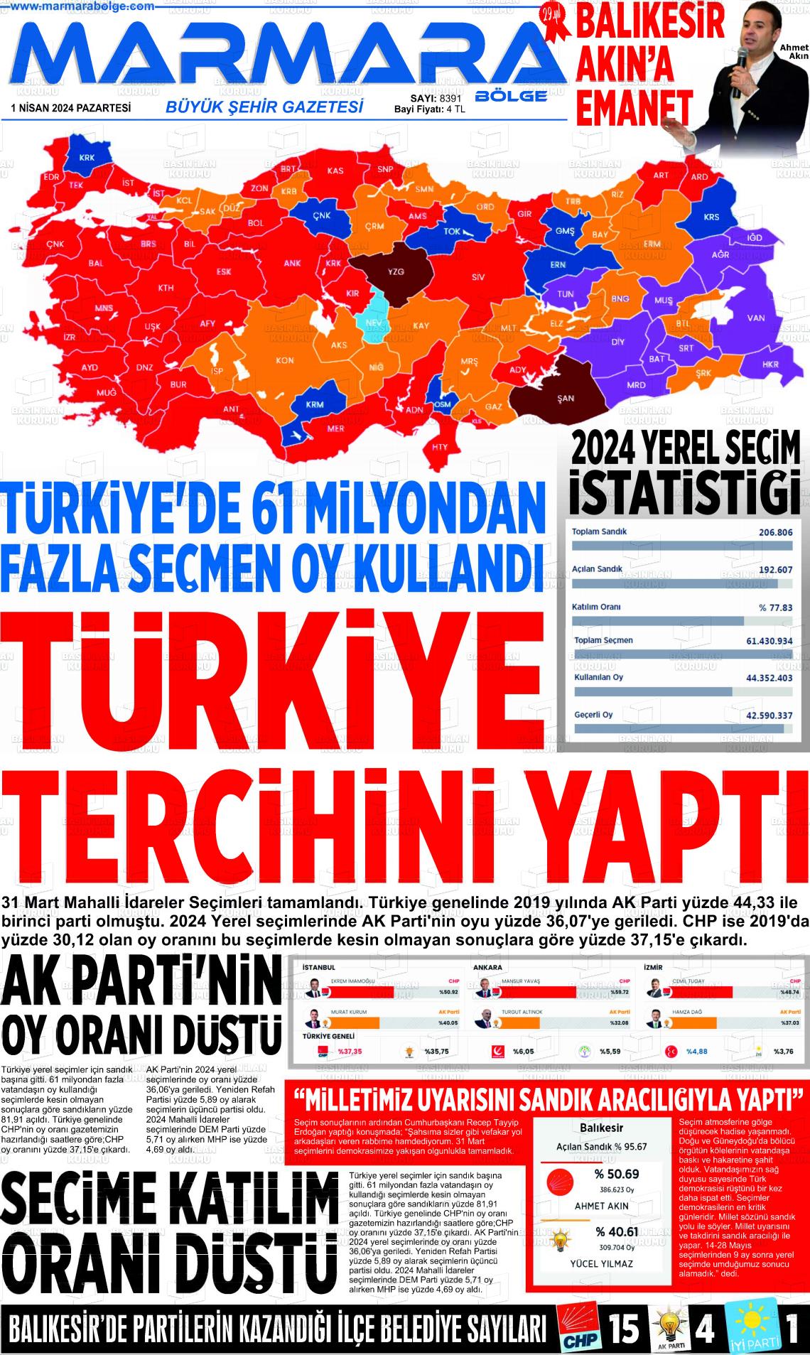 01 Nisan 2024 Marmara Bölge Gazete Manşeti