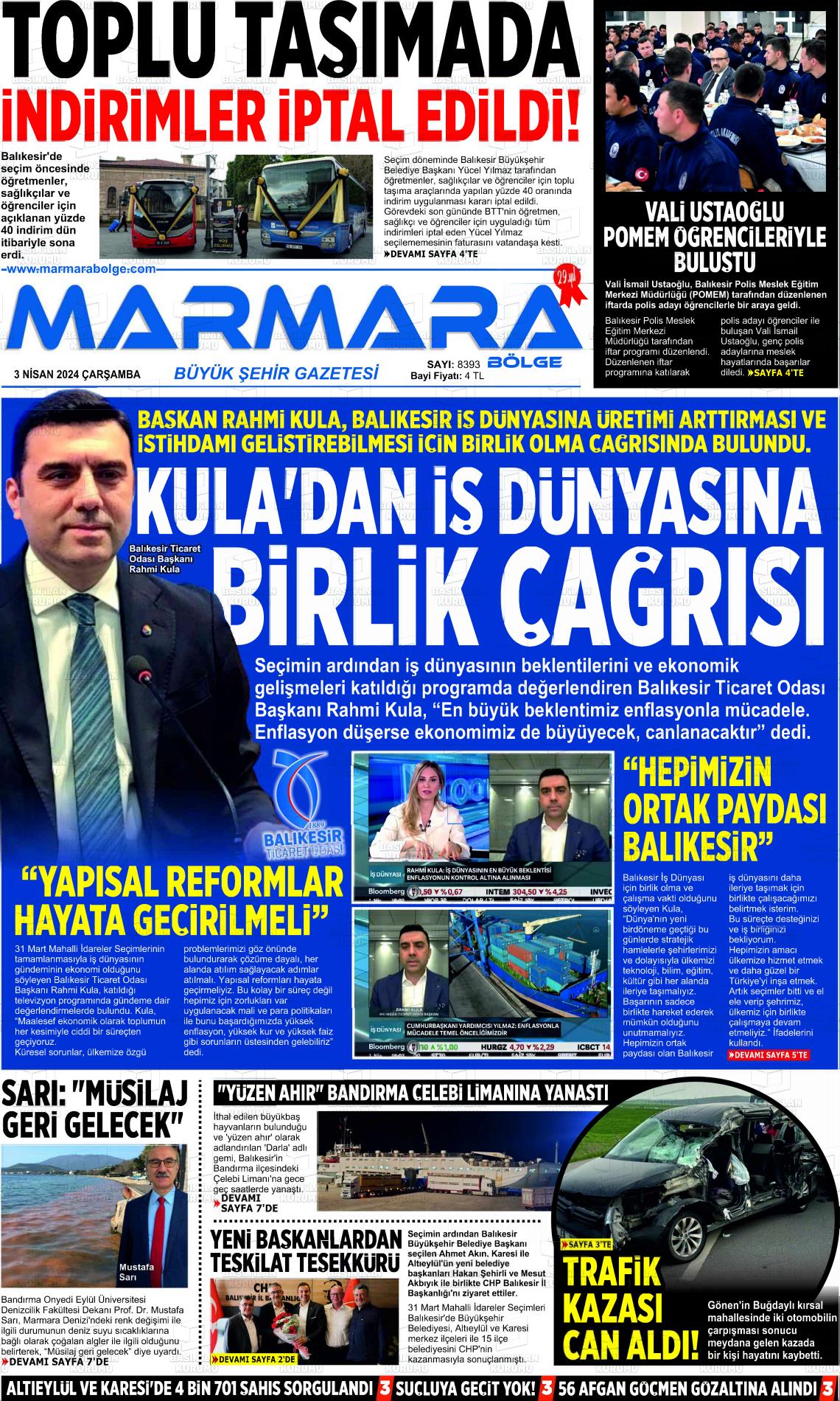 03 Nisan 2024 Marmara Bölge Gazete Manşeti