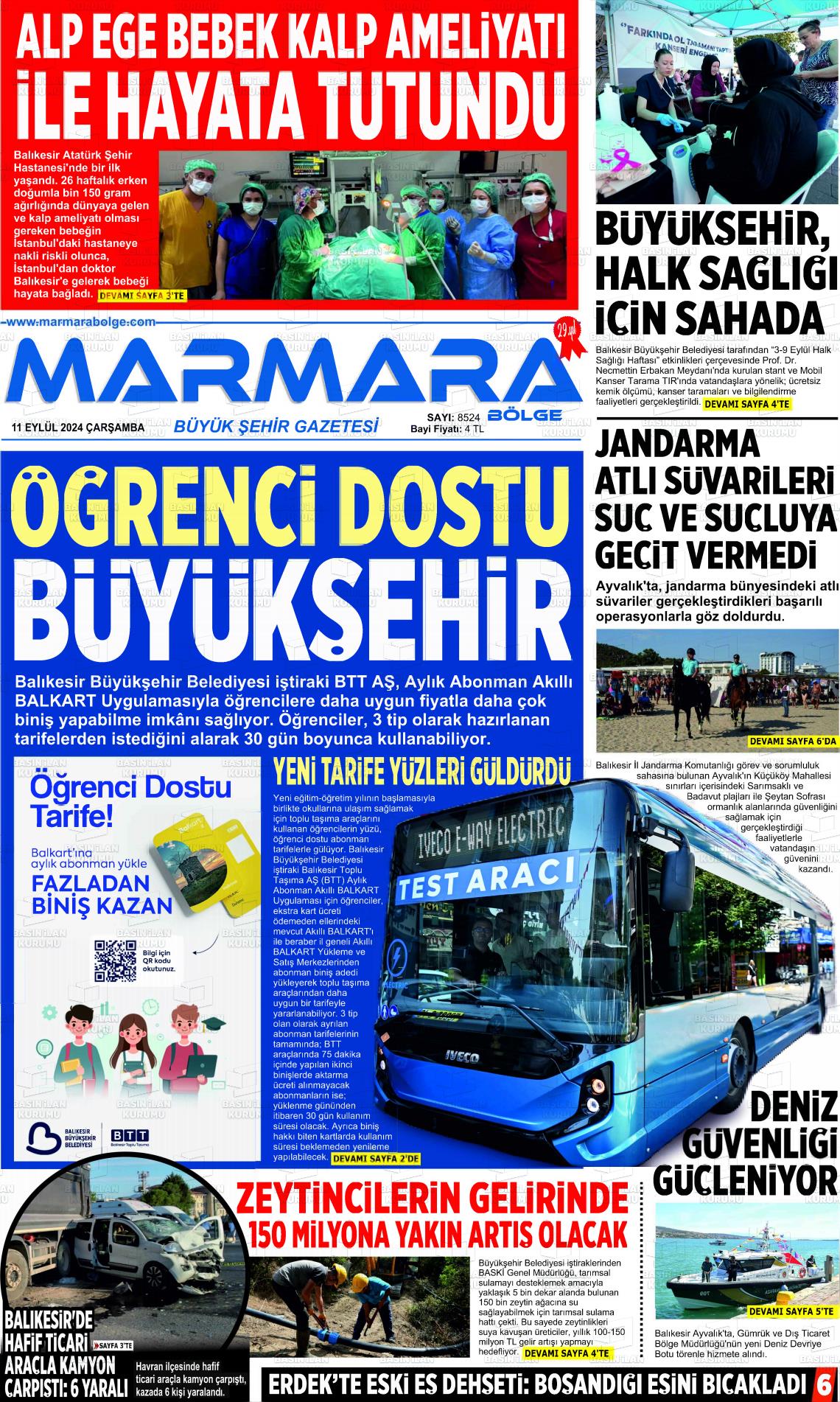 11 Eylül 2024 Marmara Bölge Gazete Manşeti