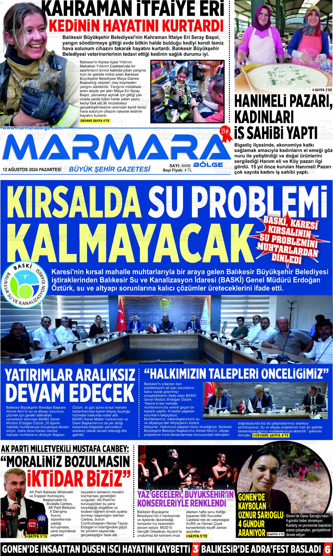 12 Ağustos 2024 Marmara Bölge Gazete Manşeti