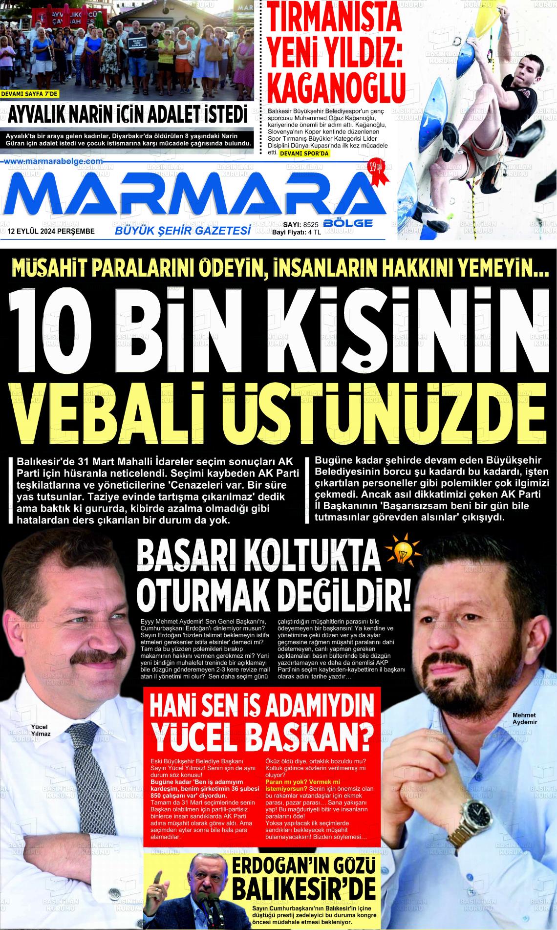 12 Eylül 2024 Marmara Bölge Gazete Manşeti