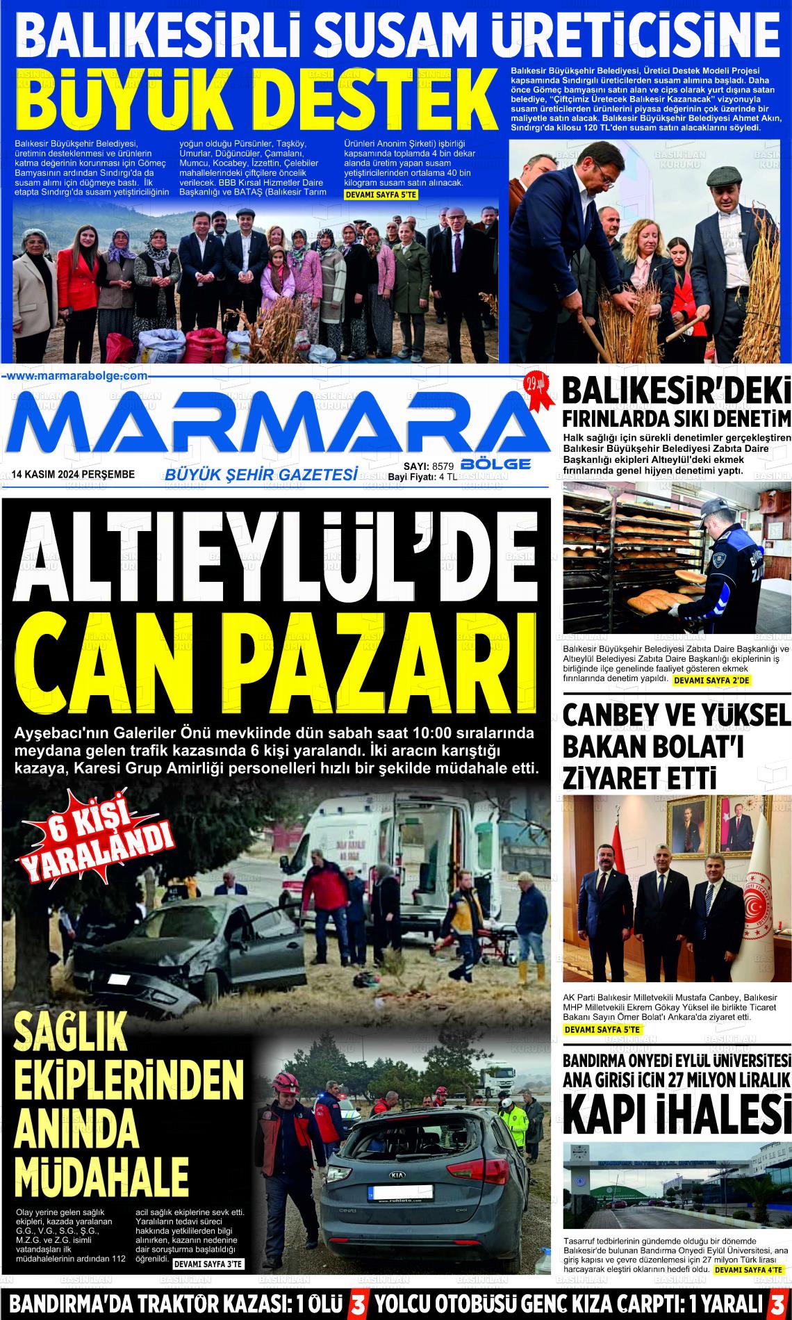 14 Kasım 2024 Marmara Bölge Gazete Manşeti