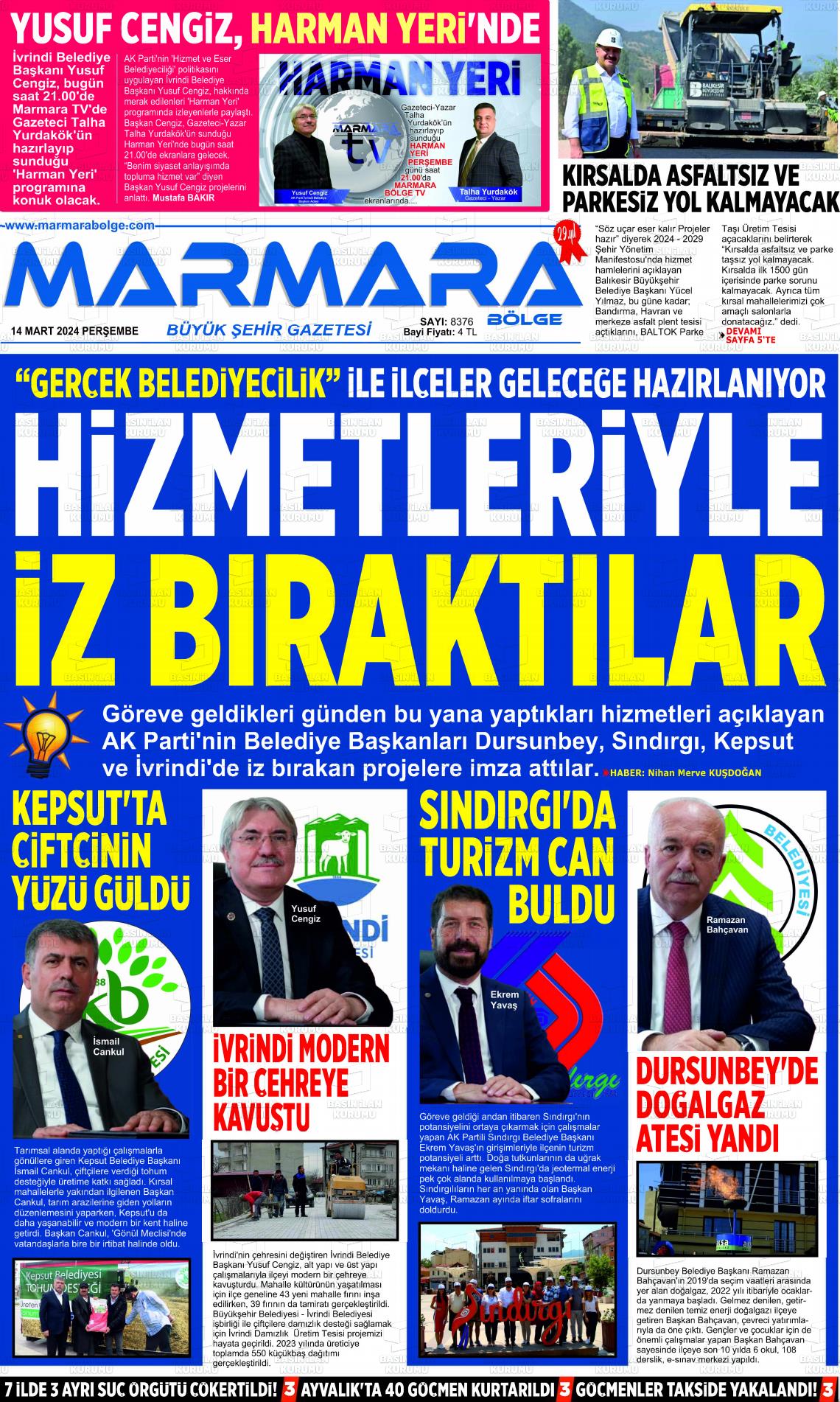 14 Mart 2024 Marmara Bölge Gazete Manşeti