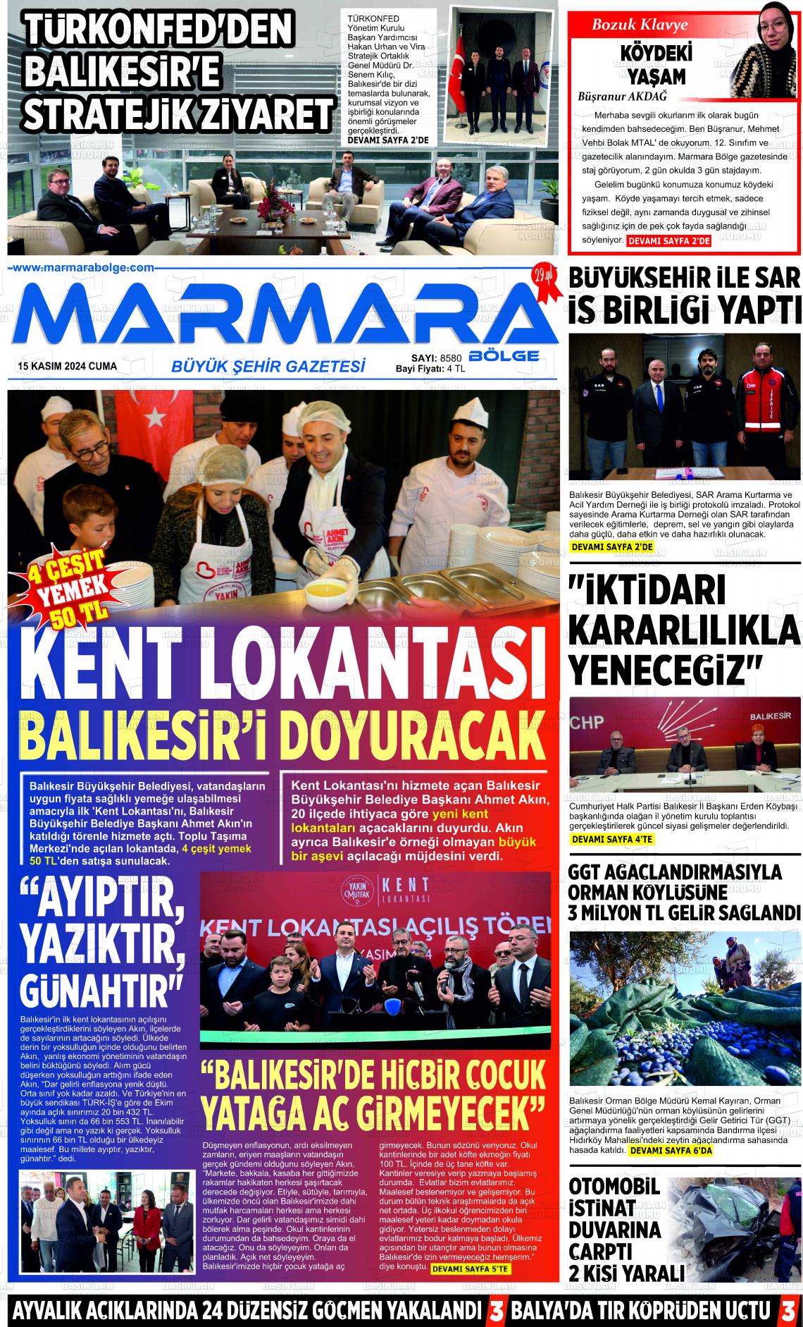 15 Kasım 2024 Marmara Bölge Gazete Manşeti