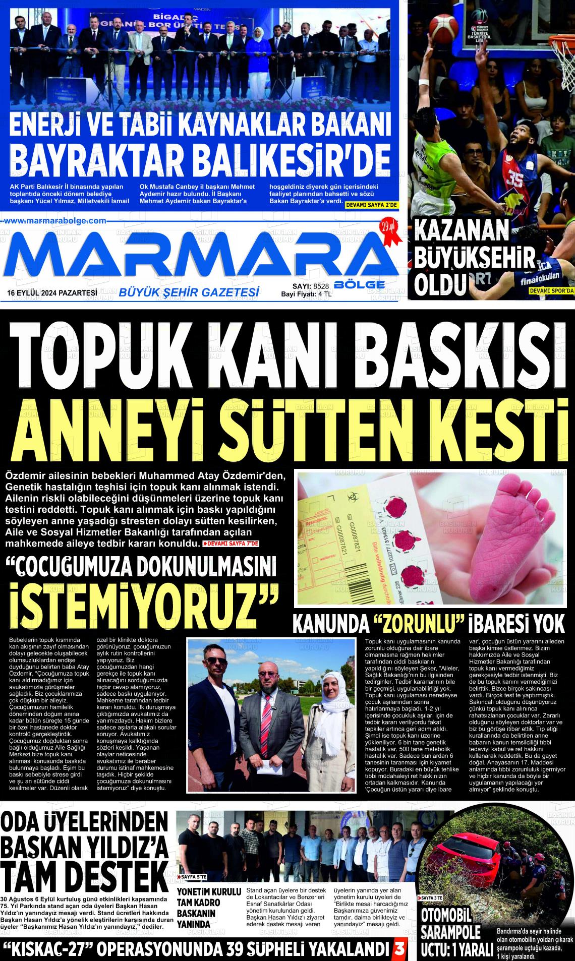 16 Eylül 2024 Marmara Bölge Gazete Manşeti