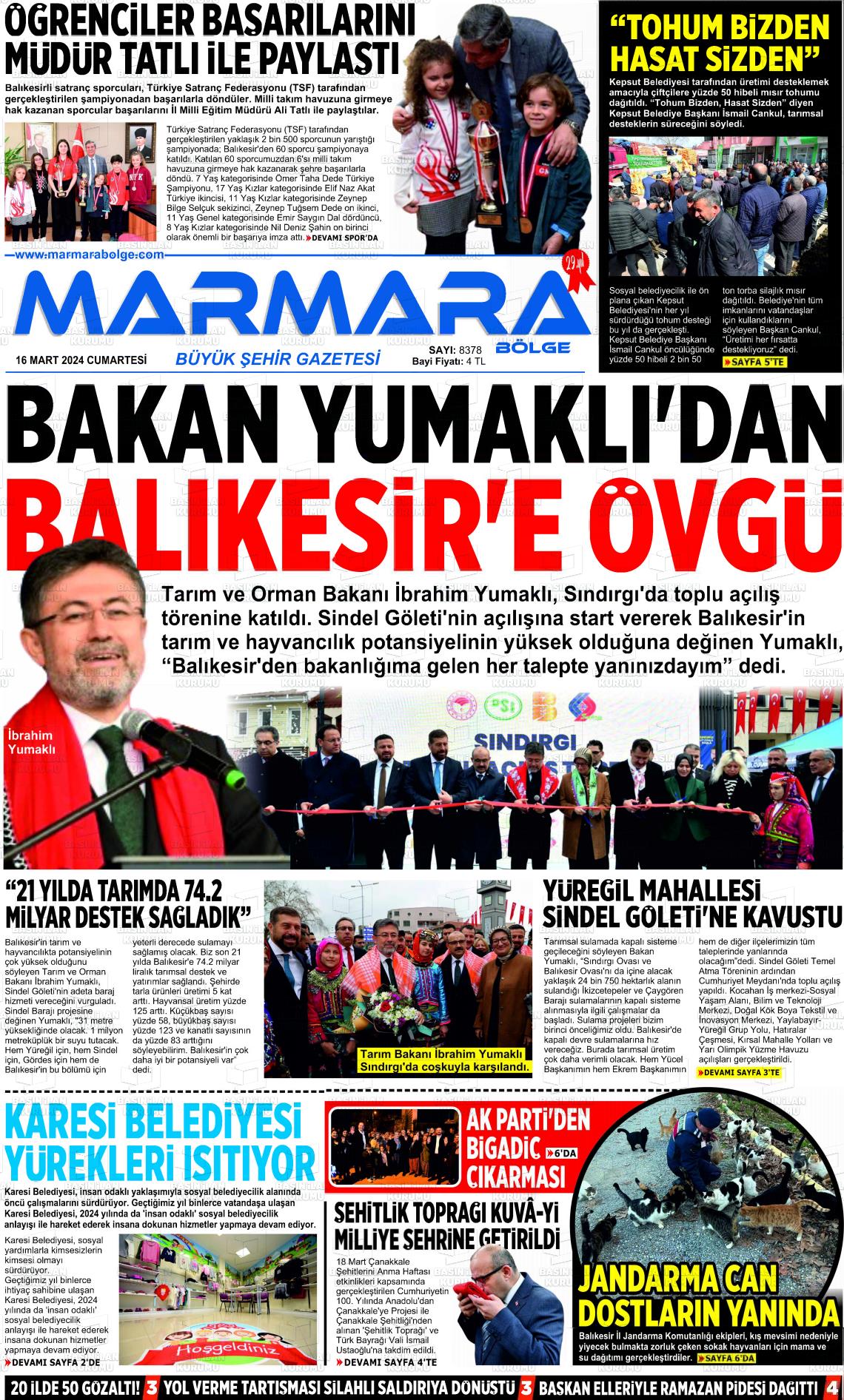 16 Mart 2024 Marmara Bölge Gazete Manşeti