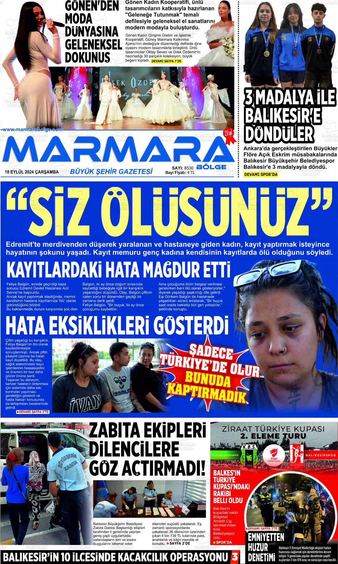 18 Eylül 2024 Marmara Bölge Gazete Manşeti