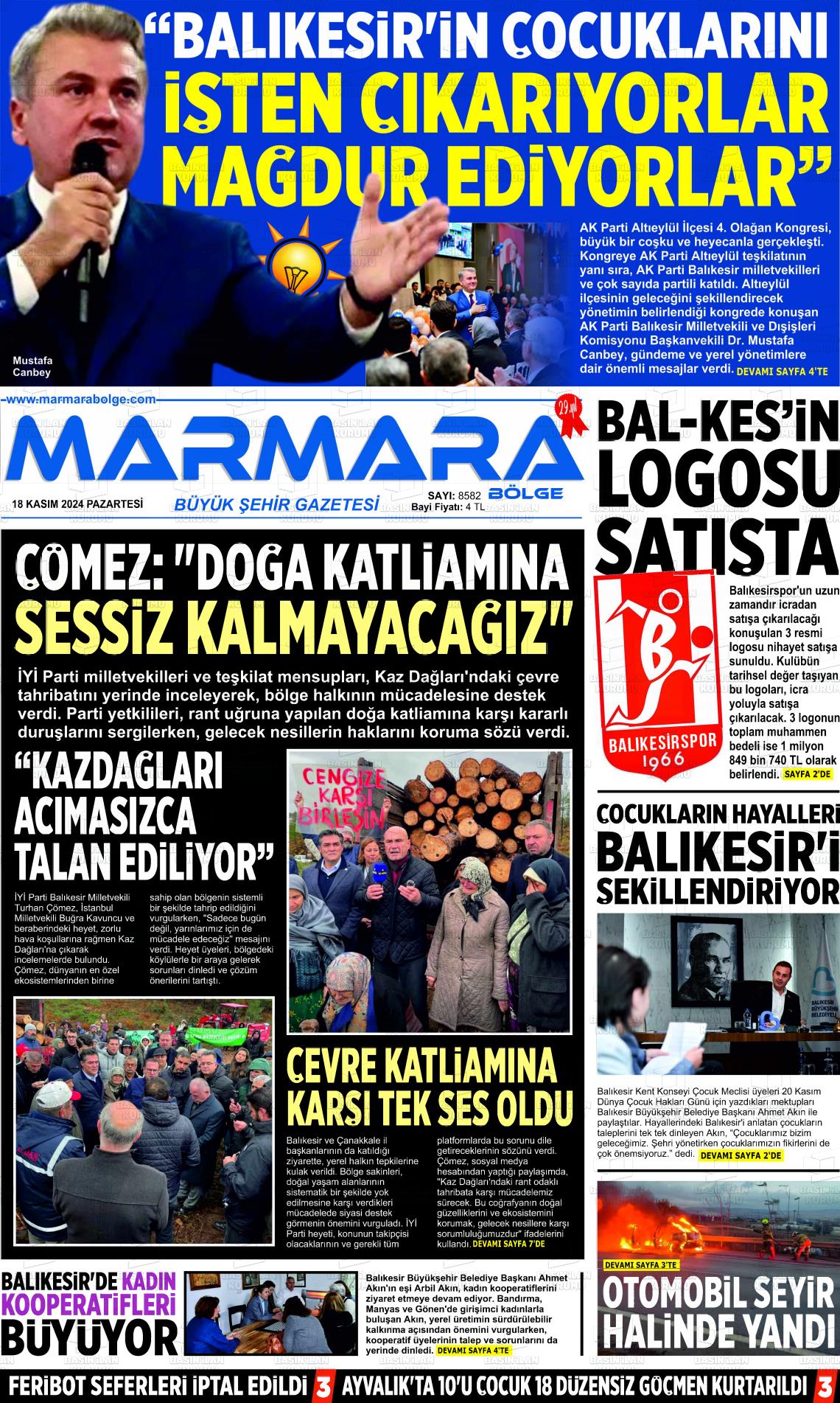 18 Kasım 2024 Marmara Bölge Gazete Manşeti