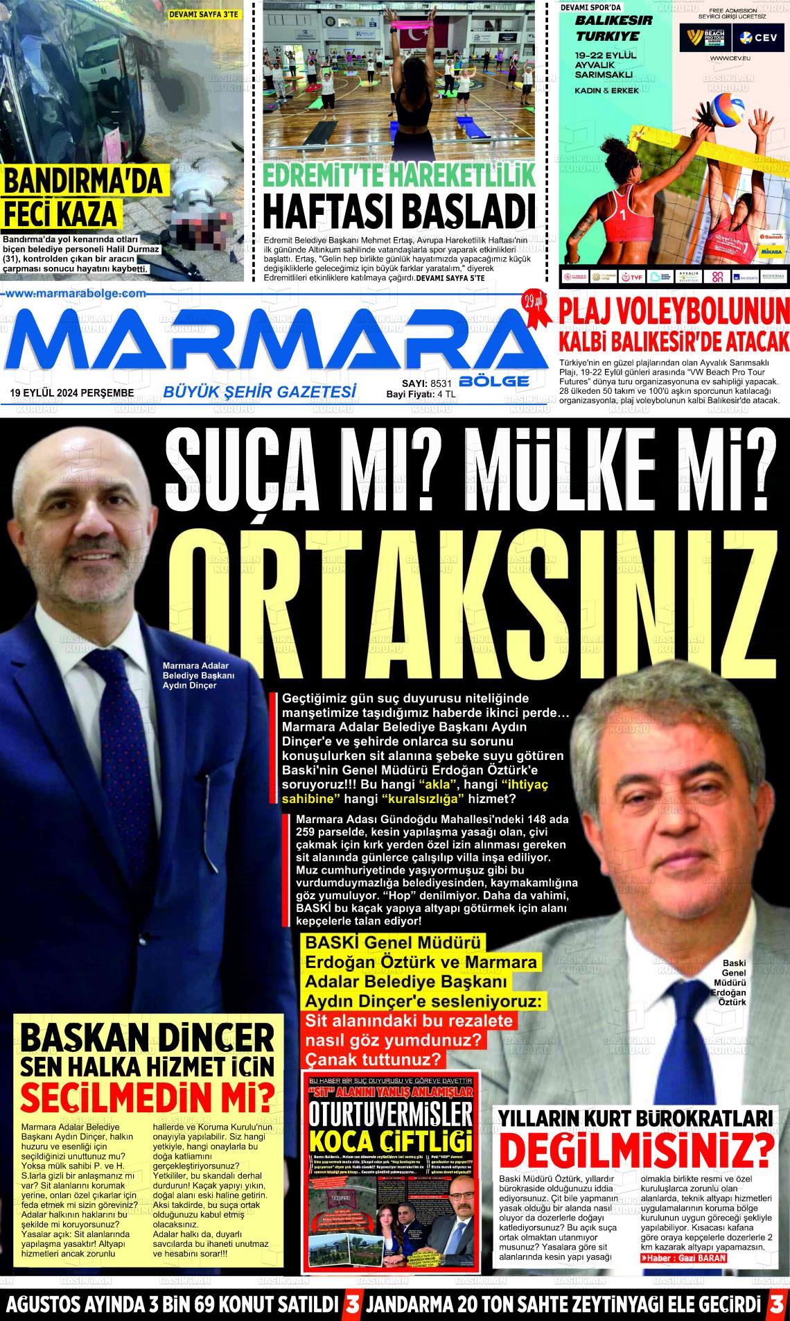 19 Eylül 2024 Marmara Bölge Gazete Manşeti