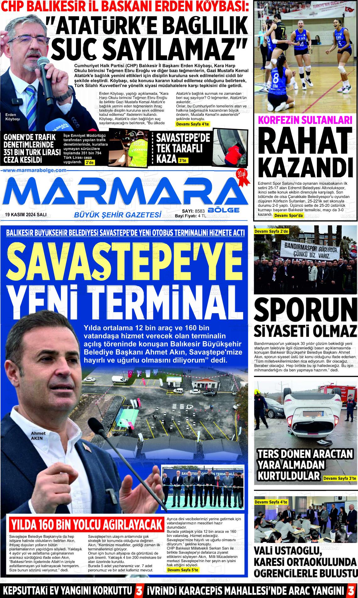 19 Kasım 2024 Marmara Bölge Gazete Manşeti