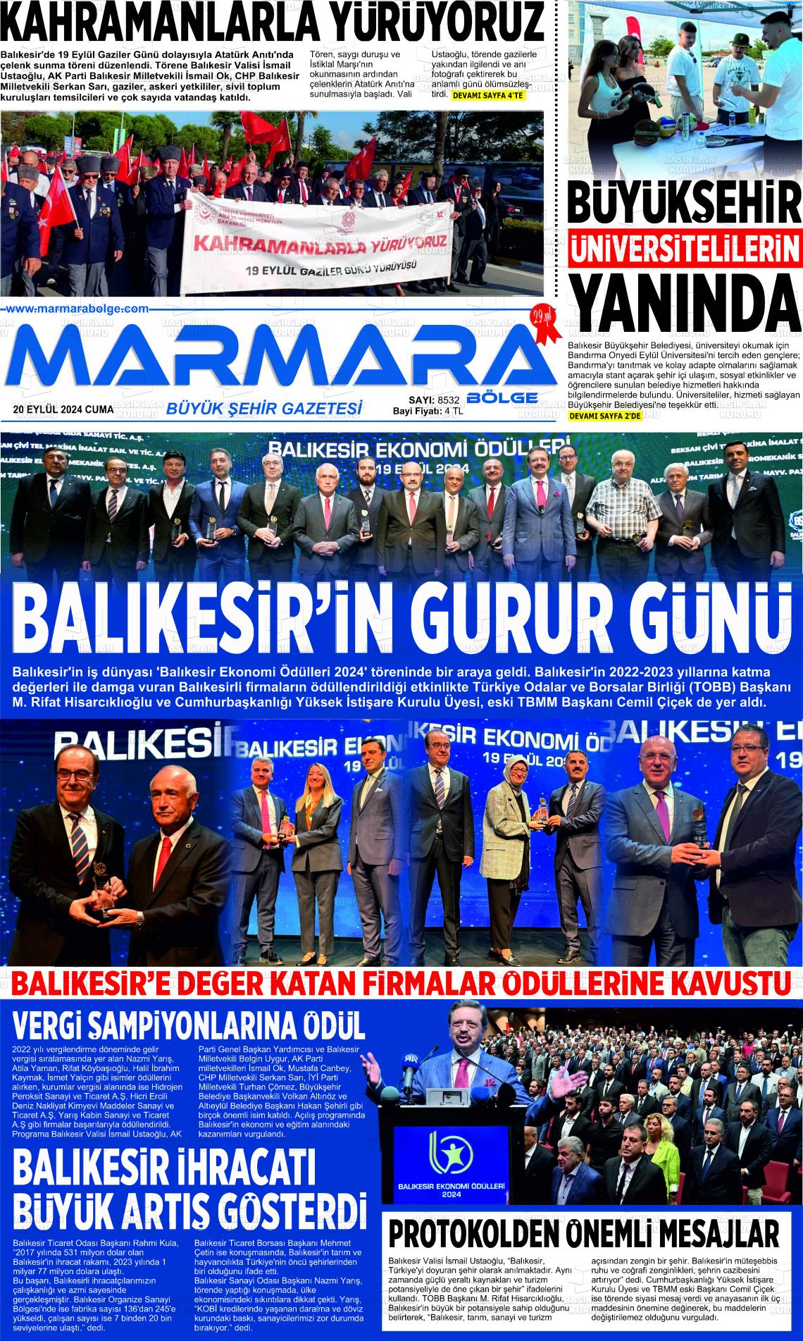 20 Eylül 2024 Marmara Bölge Gazete Manşeti