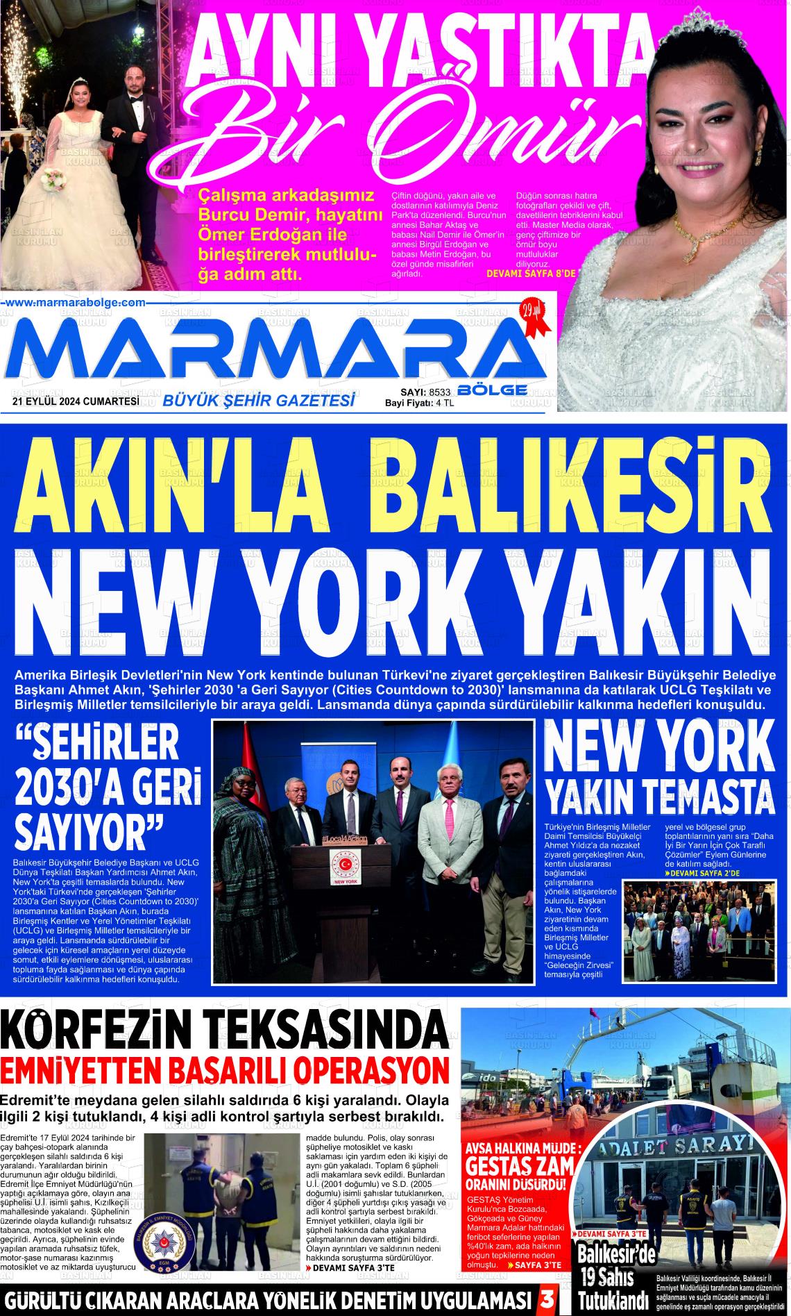 21 Eylül 2024 Marmara Bölge Gazete Manşeti