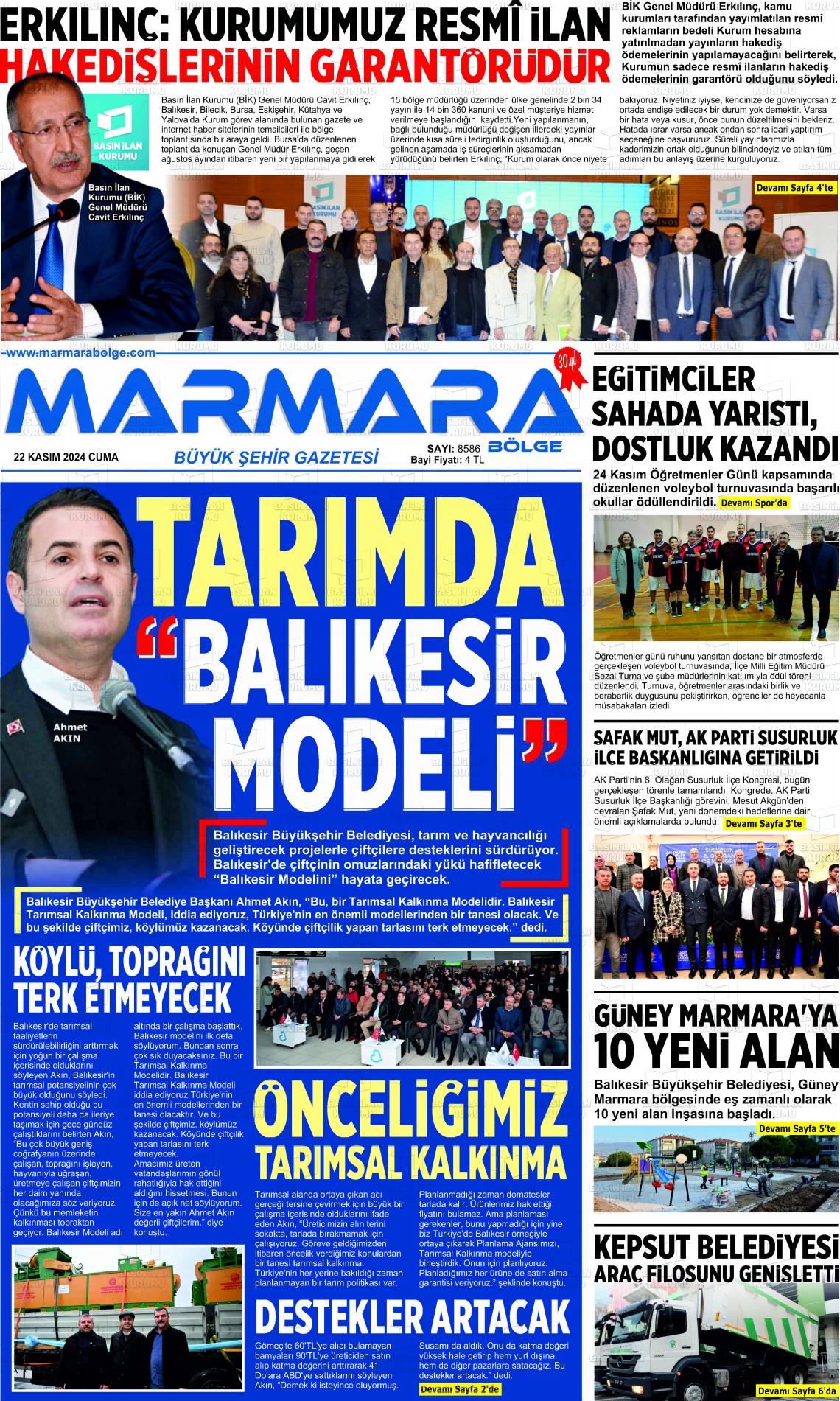 22 Kasım 2024 Marmara Bölge Gazete Manşeti