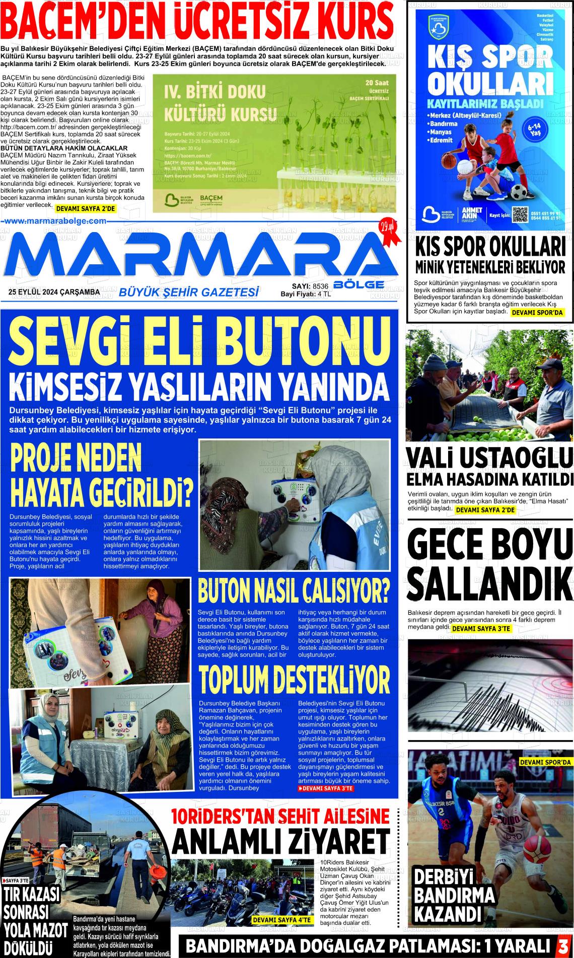 25 Eylül 2024 Marmara Bölge Gazete Manşeti