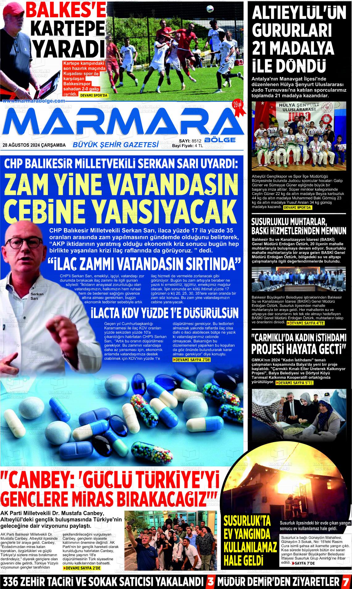 28 Ağustos 2024 Marmara Bölge Gazete Manşeti