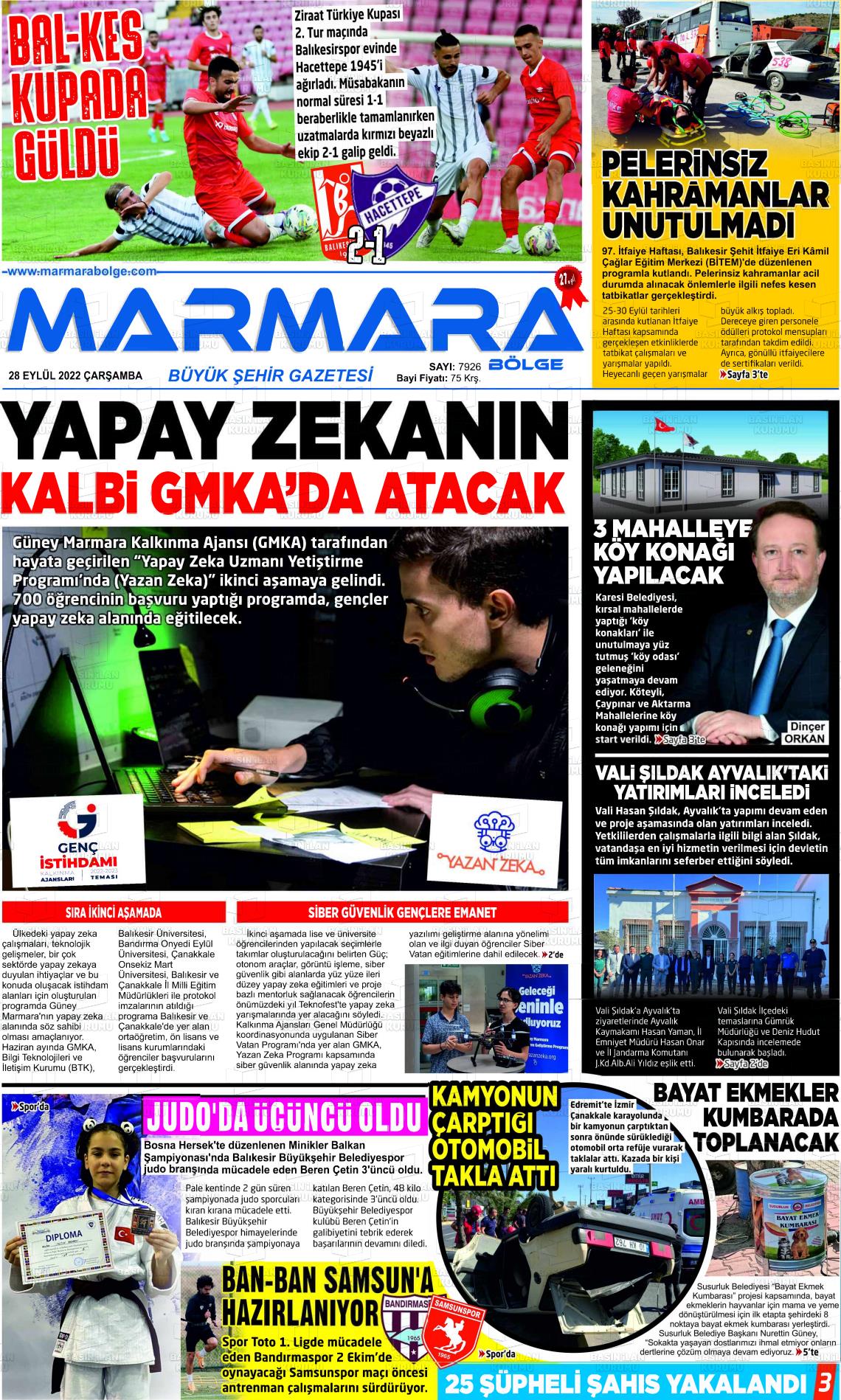 28 Eylül 2022 Marmara Bölge Gazete Manşeti