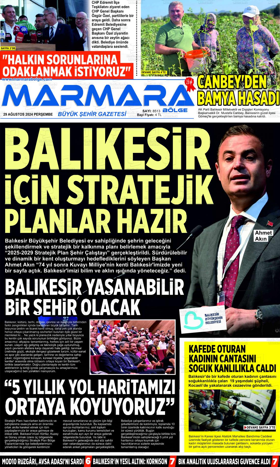 29 Ağustos 2024 Marmara Bölge Gazete Manşeti