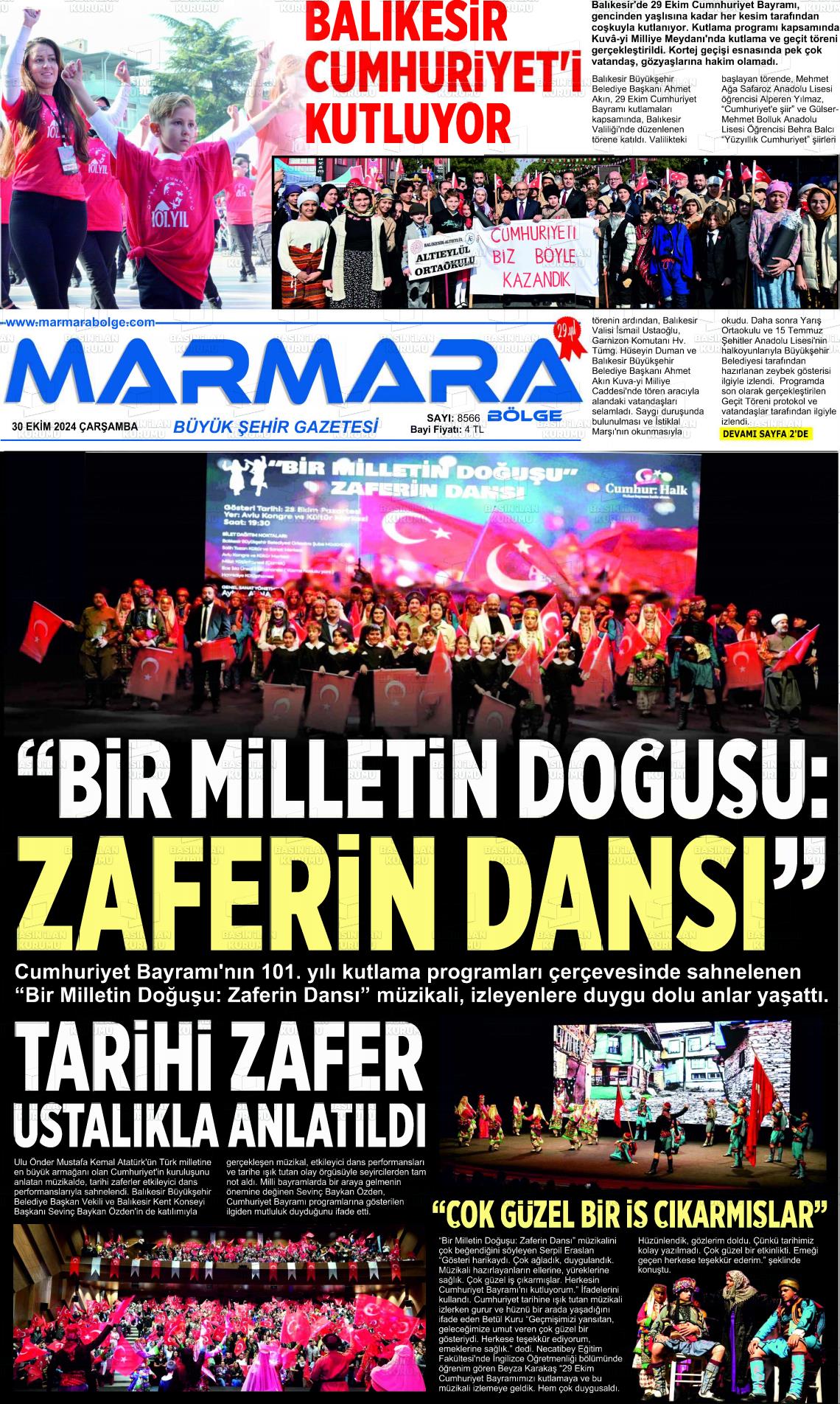 30 Ekim 2024 Marmara Bölge Gazete Manşeti