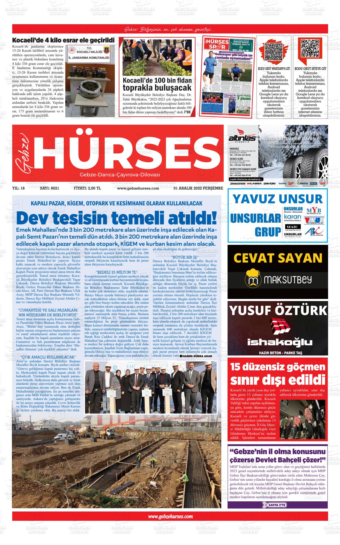 01 Aralık 2022 Marmara  Gebze Gazete Manşeti