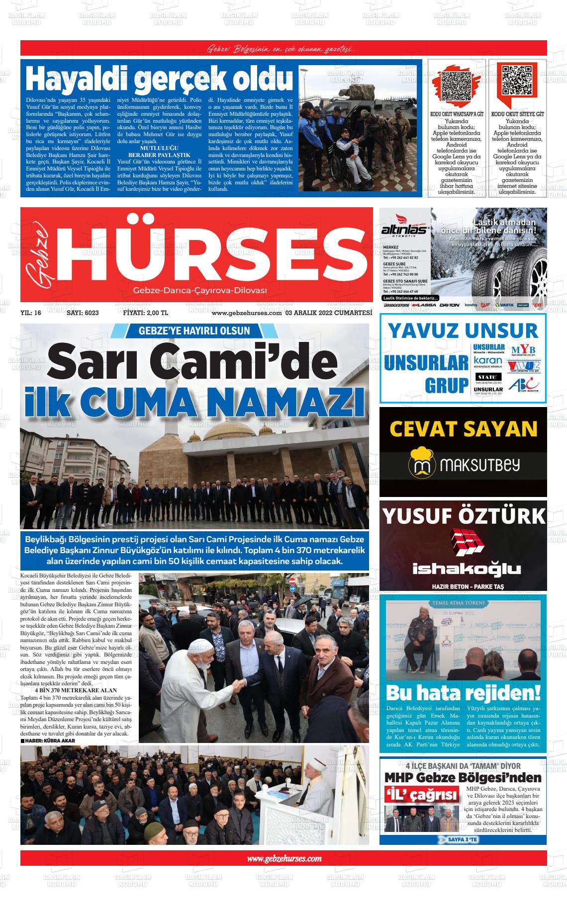 03 Aralık 2022 Marmara  Gebze Gazete Manşeti