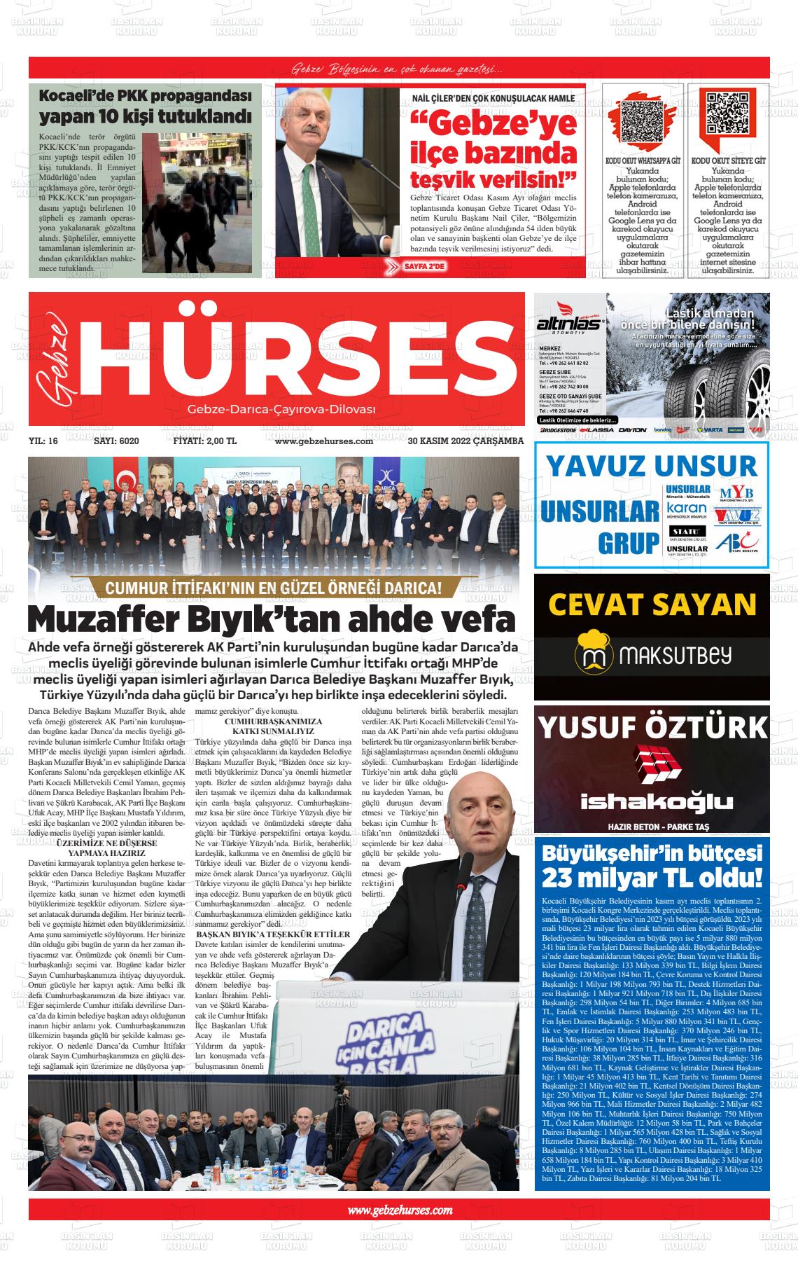30 Kasım 2022 Marmara  Gebze Gazete Manşeti