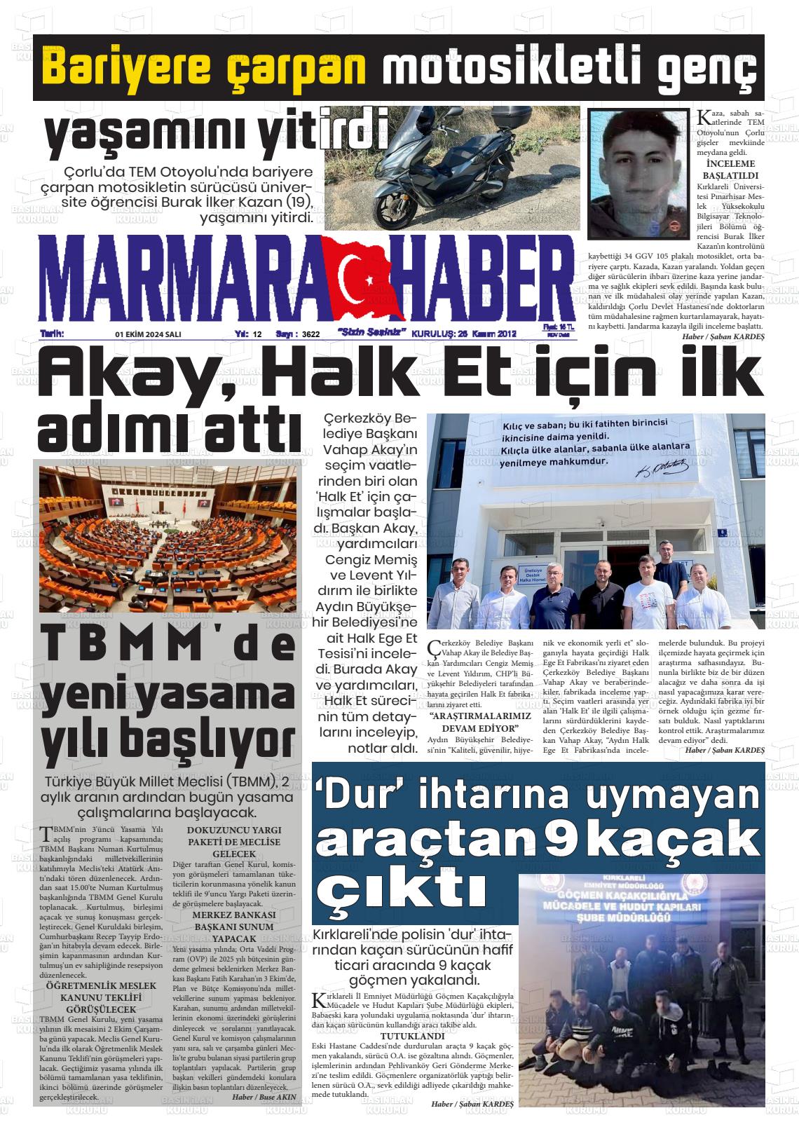 01 Ekim 2024 Marmara Haber Gazete Manşeti