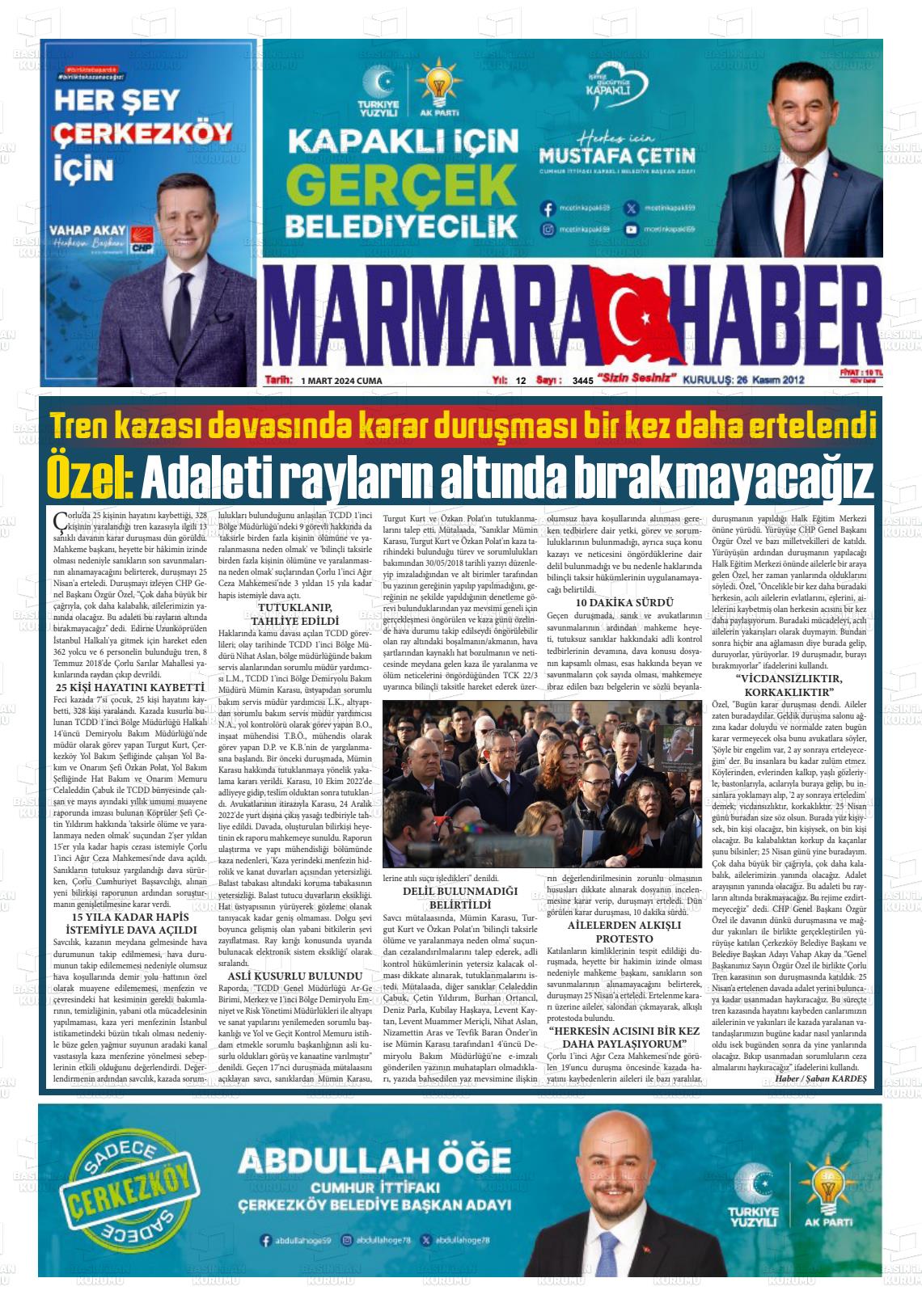 01 Mart 2024 Marmara Haber Gazete Manşeti