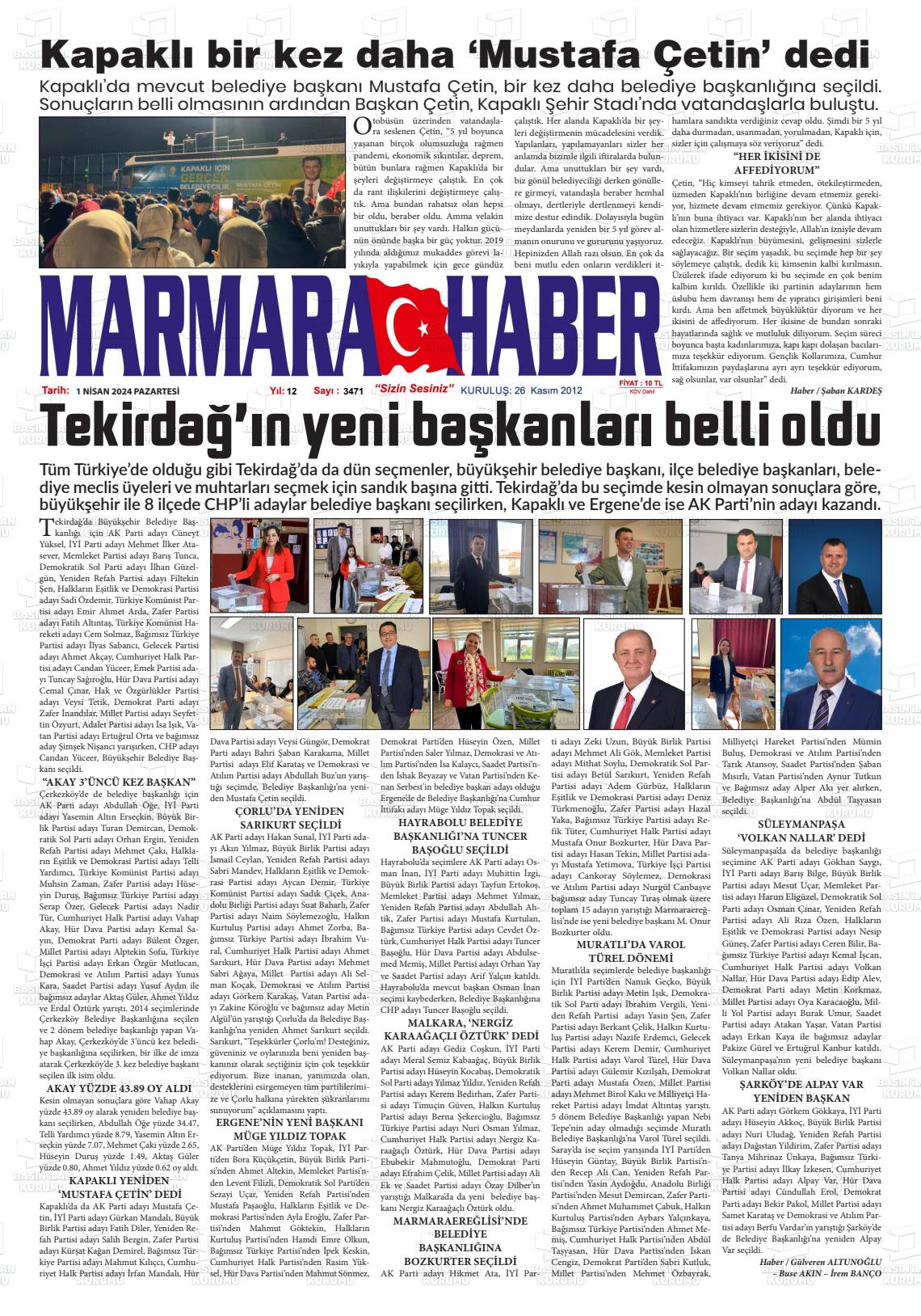 01 Nisan 2024 Marmara Haber Gazete Manşeti