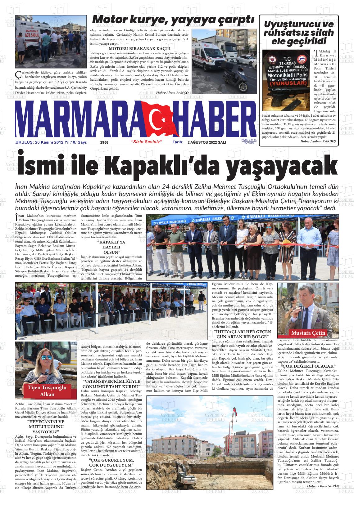 02 Ağustos 2022 Marmara Haber Gazete Manşeti