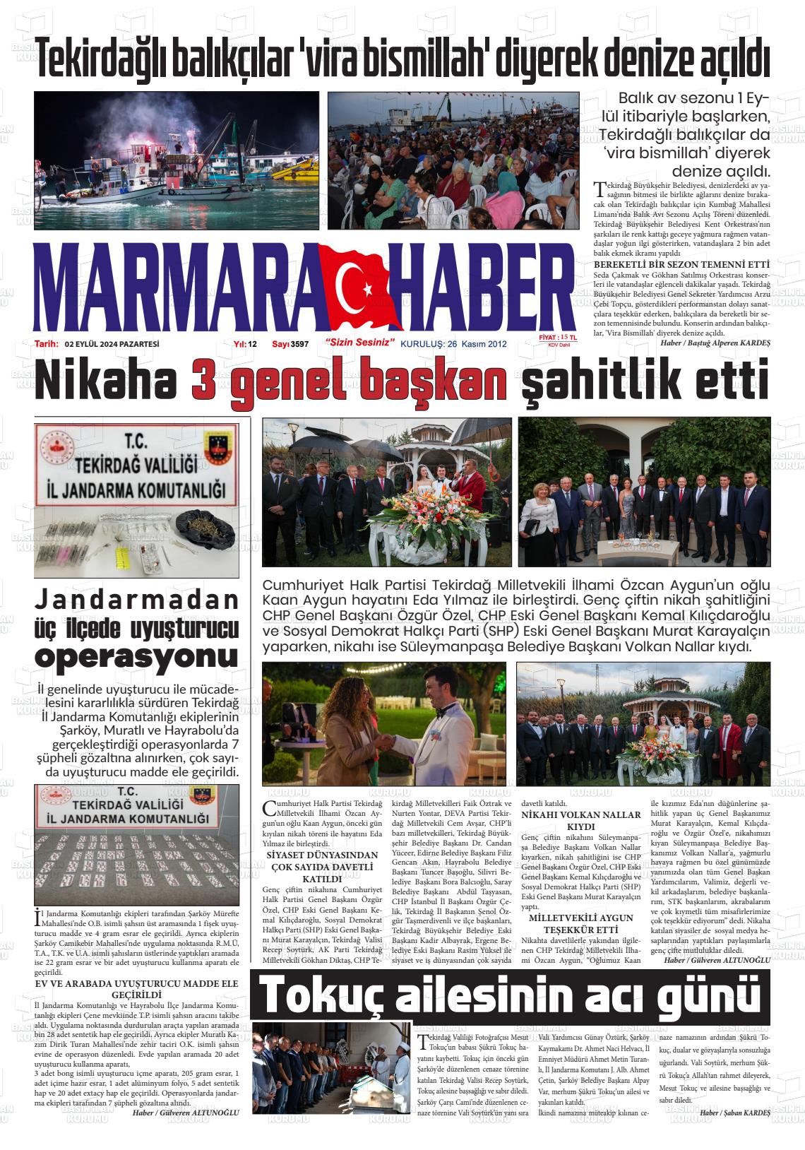 02 Eylül 2024 Marmara Haber Gazete Manşeti