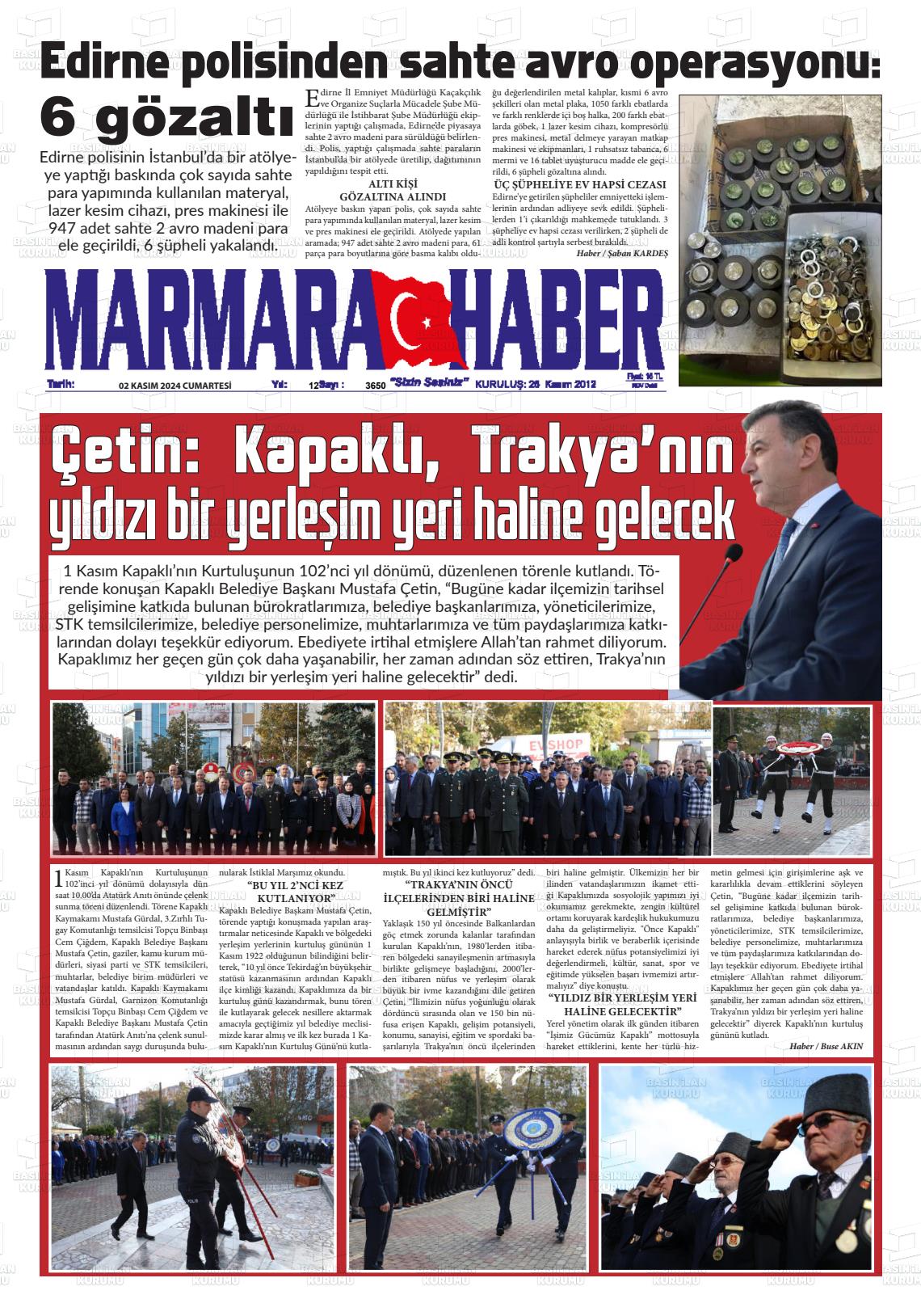 02 Kasım 2024 Marmara Haber Gazete Manşeti