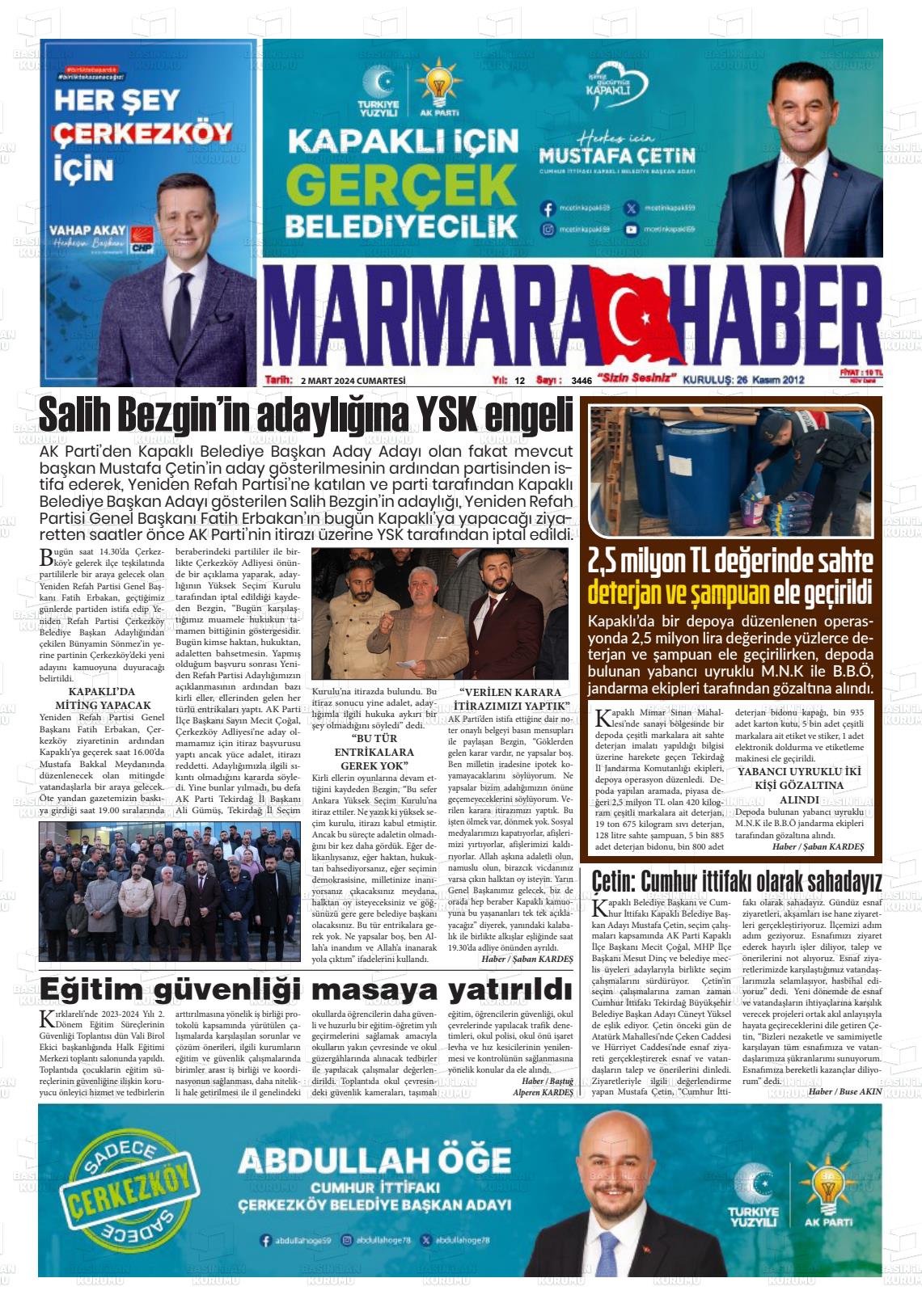 02 Mart 2024 Marmara Haber Gazete Manşeti