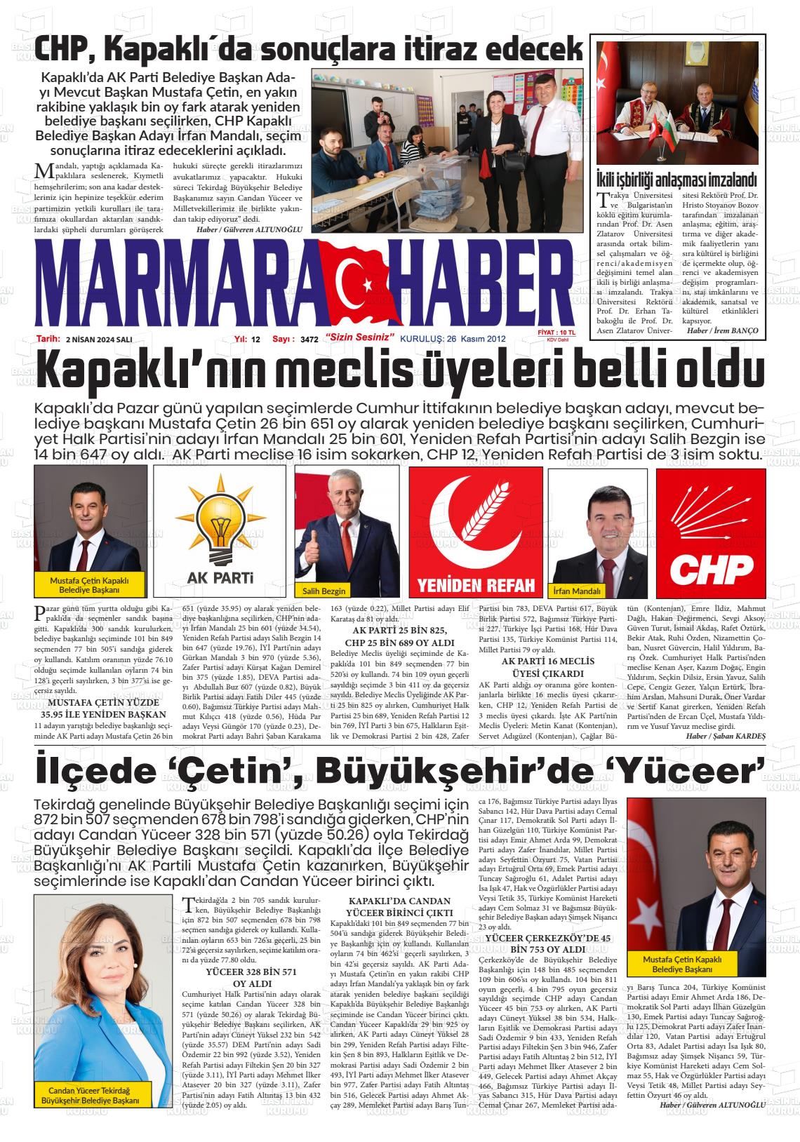 02 Nisan 2024 Marmara Haber Gazete Manşeti