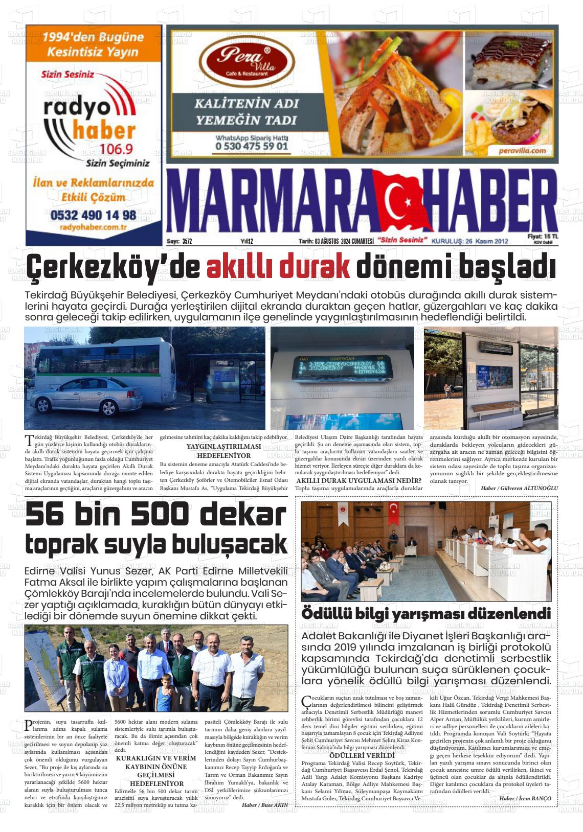 03 Ağustos 2024 Marmara Haber Gazete Manşeti