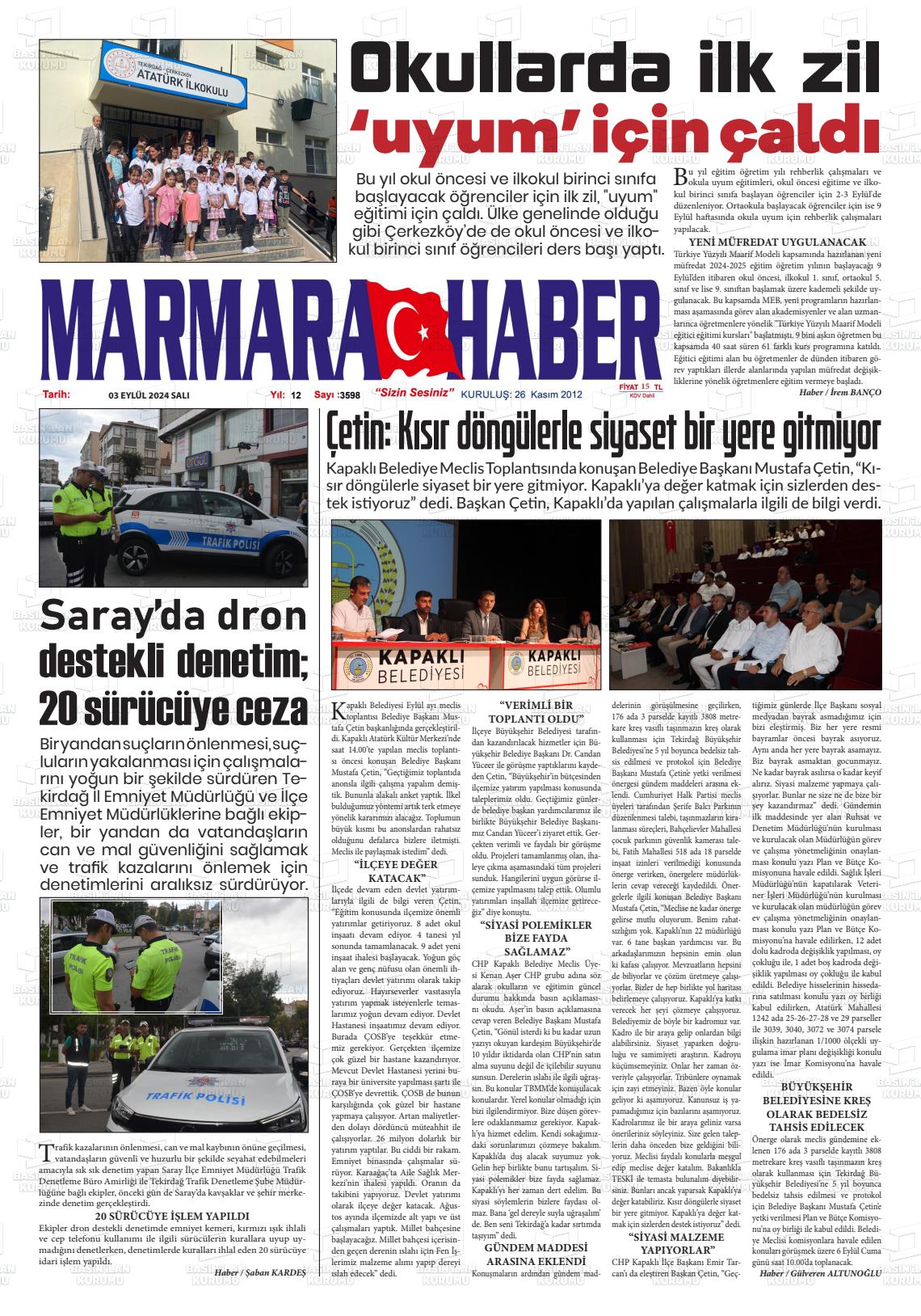 03 Eylül 2024 Marmara Haber Gazete Manşeti