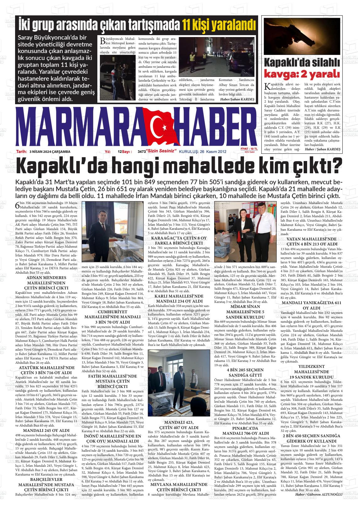 03 Nisan 2024 Marmara Haber Gazete Manşeti