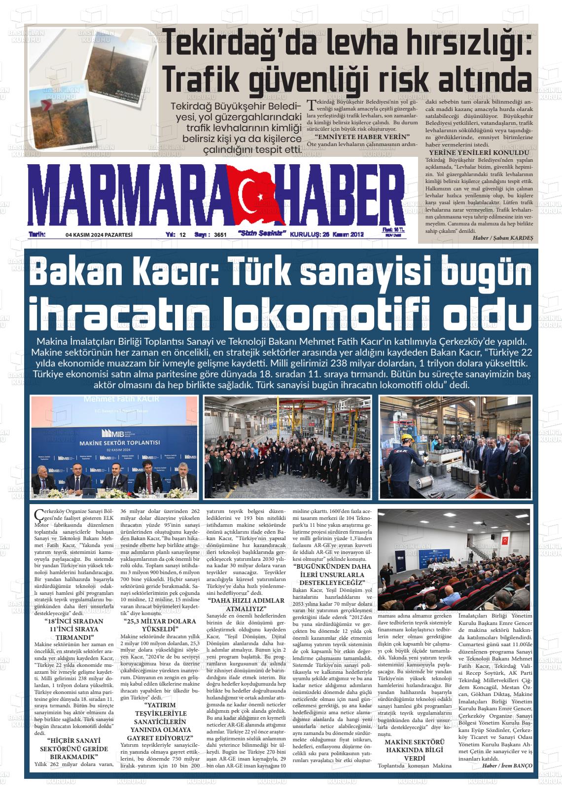 04 Kasım 2024 Marmara Haber Gazete Manşeti